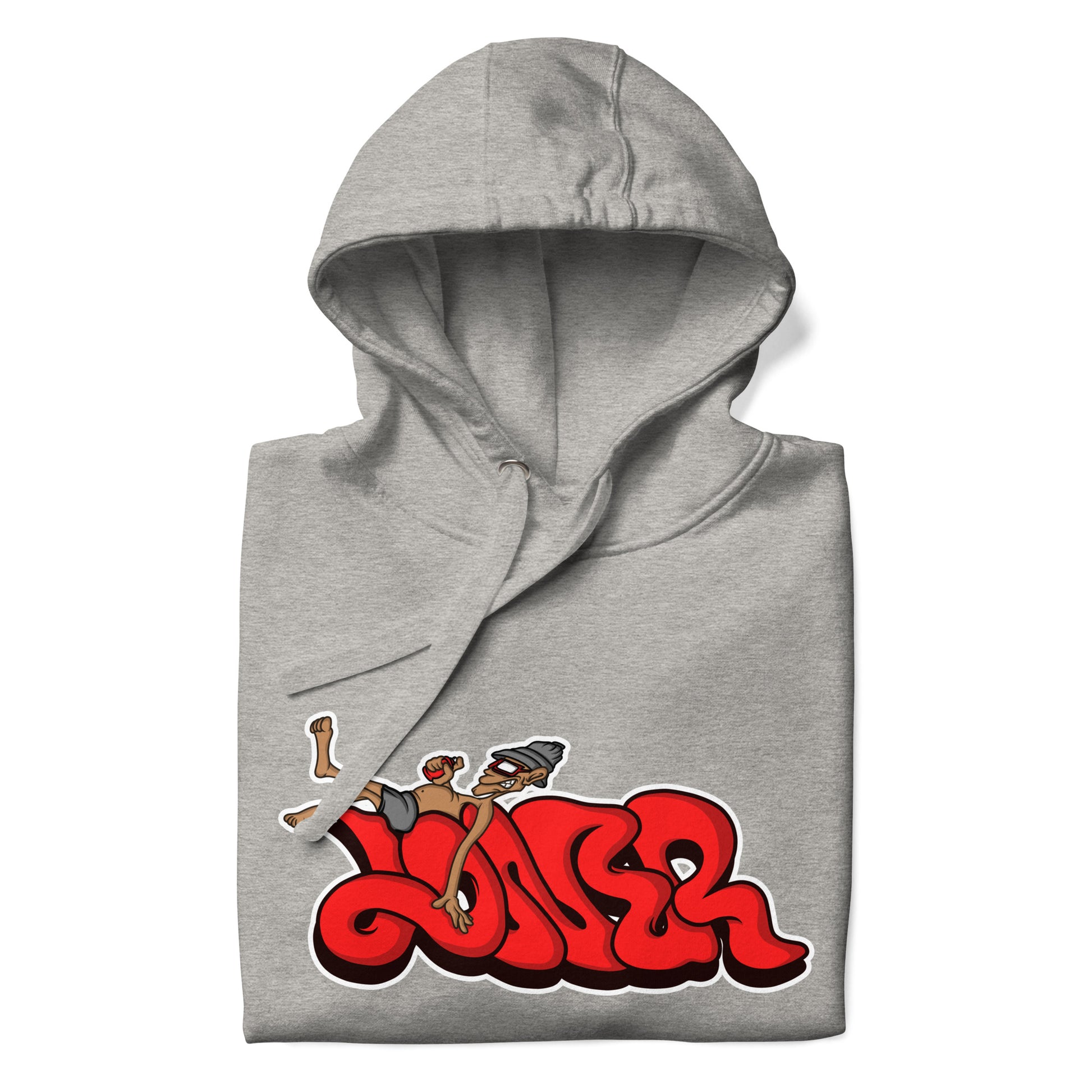 Gray-Loner Graffiti Piece Hoodie from B.Different Clothing, folded, graffiti-inspired streetwear