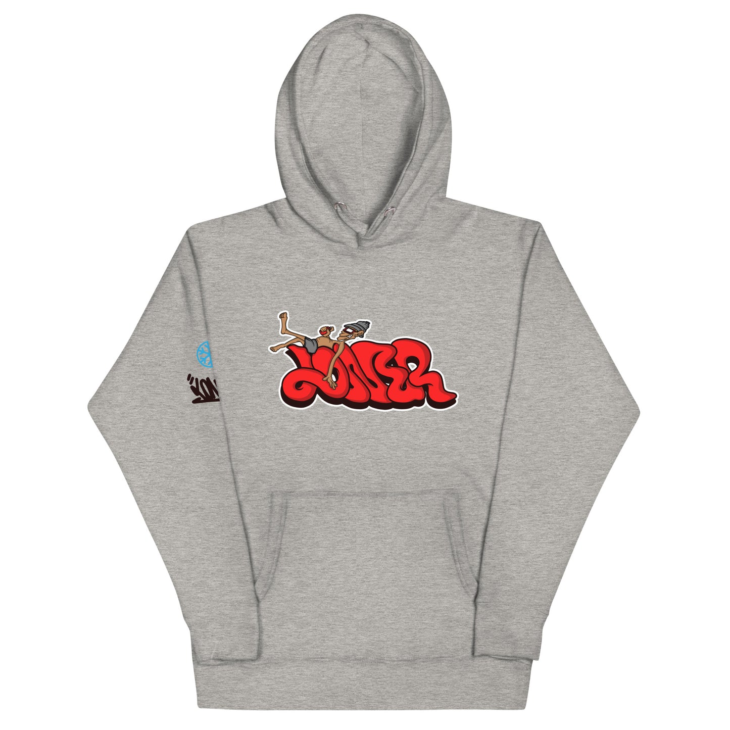 Gray-Loner Graffiti Piece Hoodie from B.Different Clothing, front view, graffiti-inspired streetwear