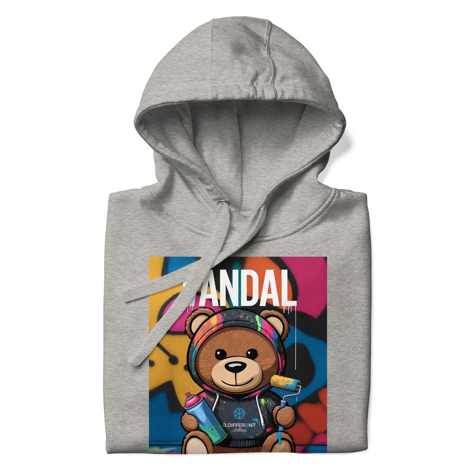 Gray-Vandal Teddy Bear Graffiti Hoodie from B.Different Clothing, folded, graffiti-inspired streetwear