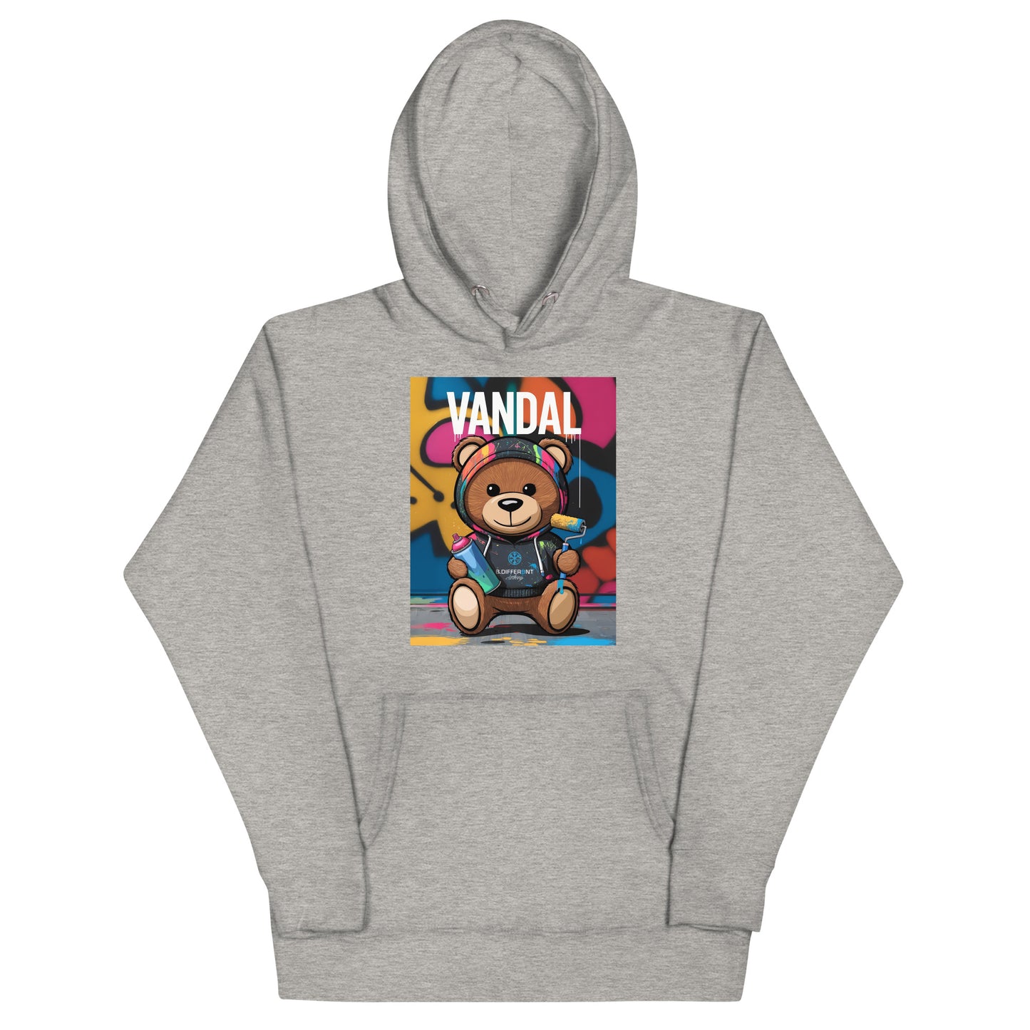 Gray-Vandal Teddy Bear Graffiti Hoodie from B.Different Clothing, front view, graffiti-inspired streetwear