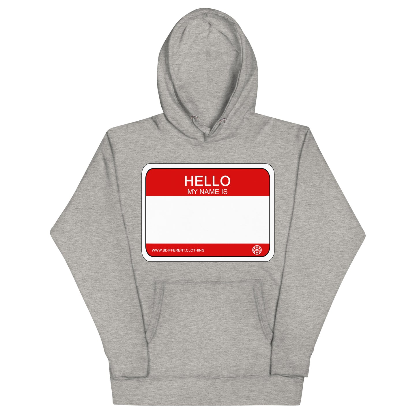 Gray-Hello My Name Is Sticker Graffiti Hoodie from B.Different Clothing, front view, graffiti-inspired streetwear