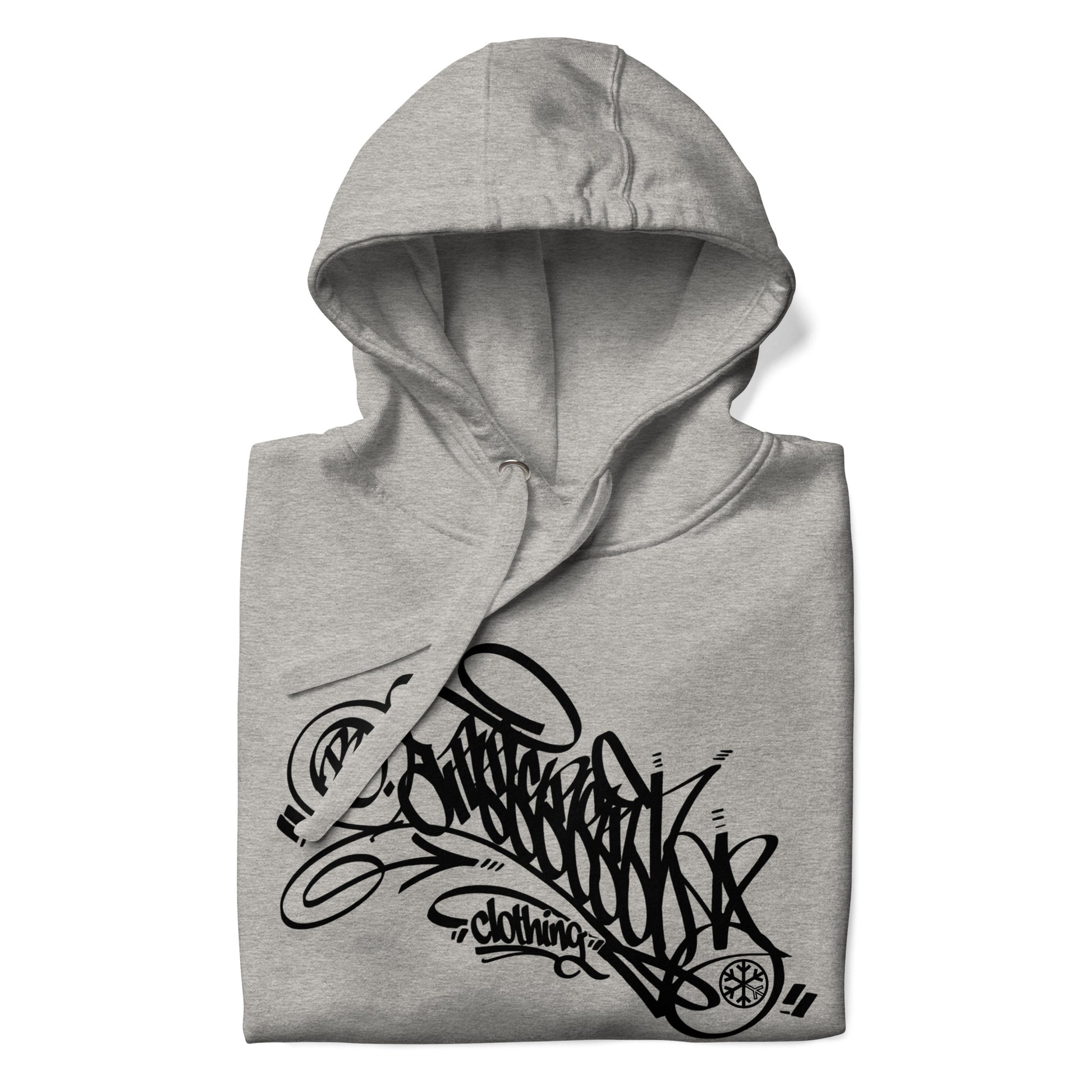 Gray-B.Different Clothing Graffiti Tag Hoodie from B.Different Clothing, folded, graffiti-inspired streetwear