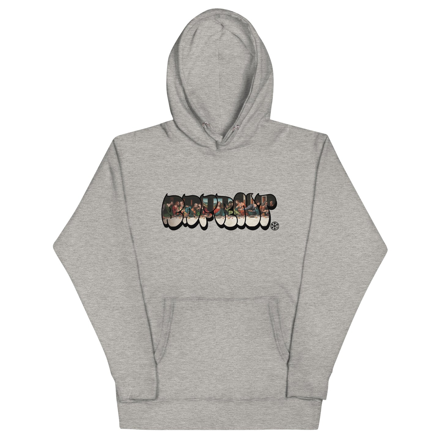 Gray-BDFRNT Throwie x Last Supper Graffiti Hoodie from B.Different Clothing, front view, graffiti-inspired streetwear