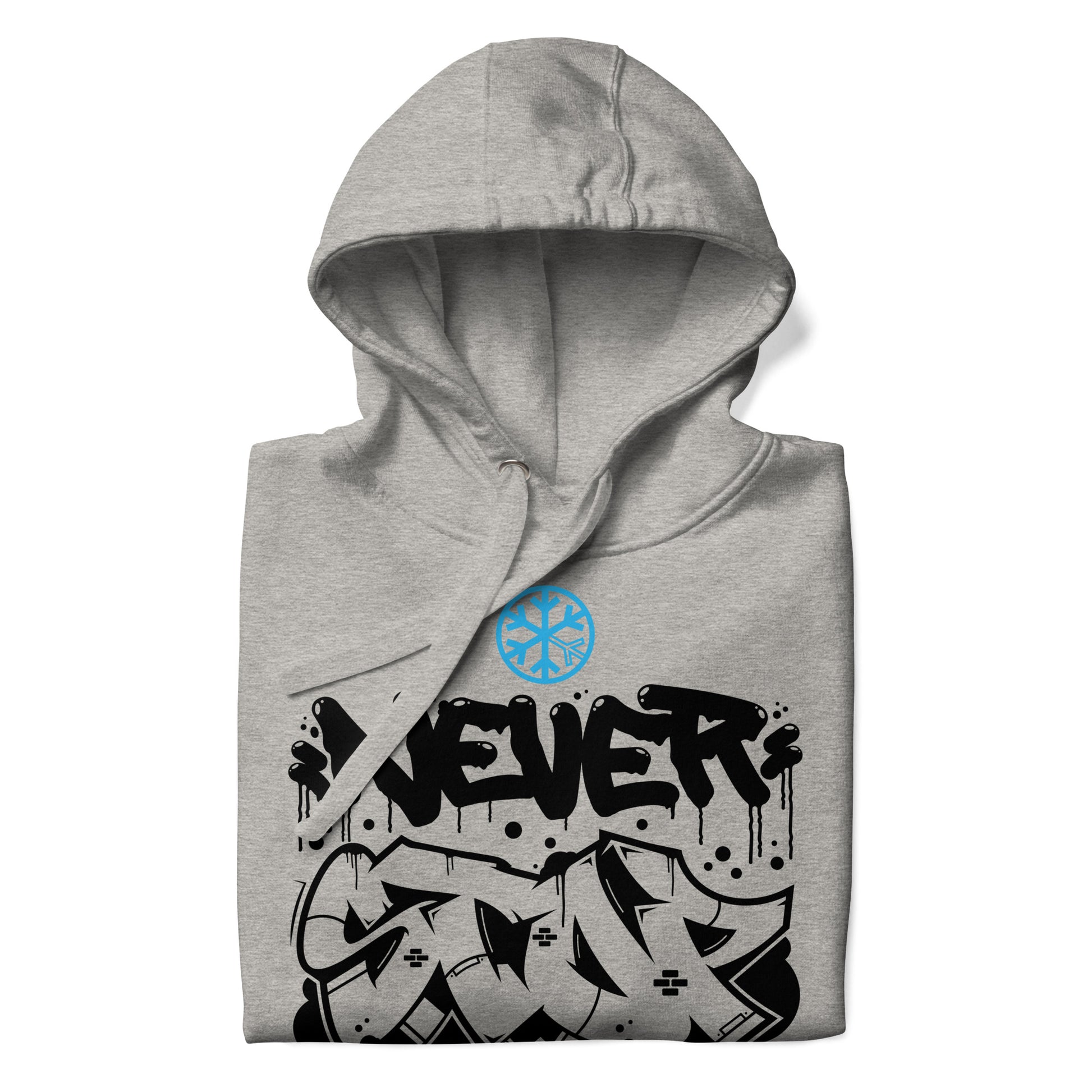Gray-Never Stop Graffiti Piece Hoodie from B.Different Clothing, folded, graffiti-inspired streetwear