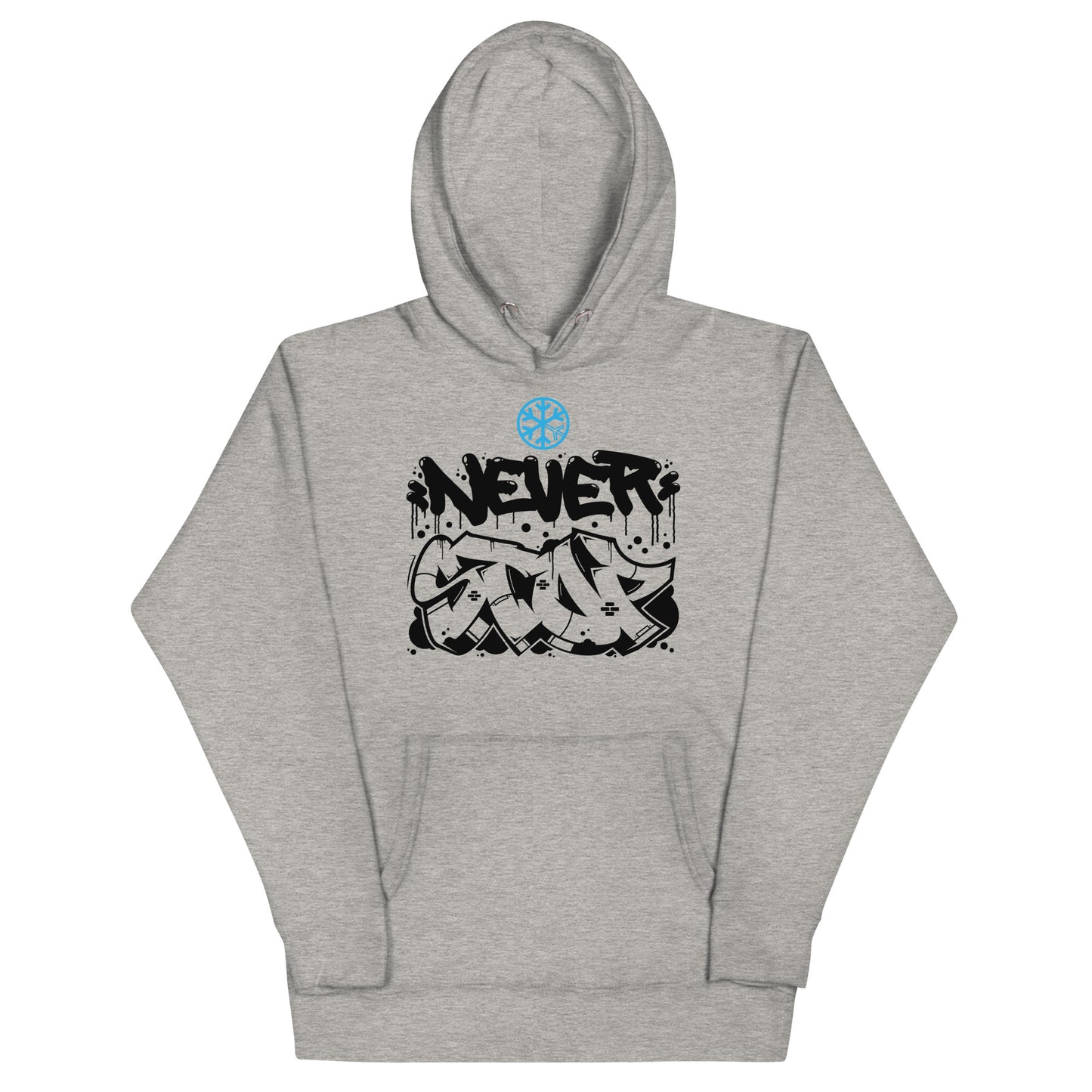 Gray-Never Stop Graffiti Piece Hoodie from B.Different Clothing, front view, graffiti-inspired streetwear