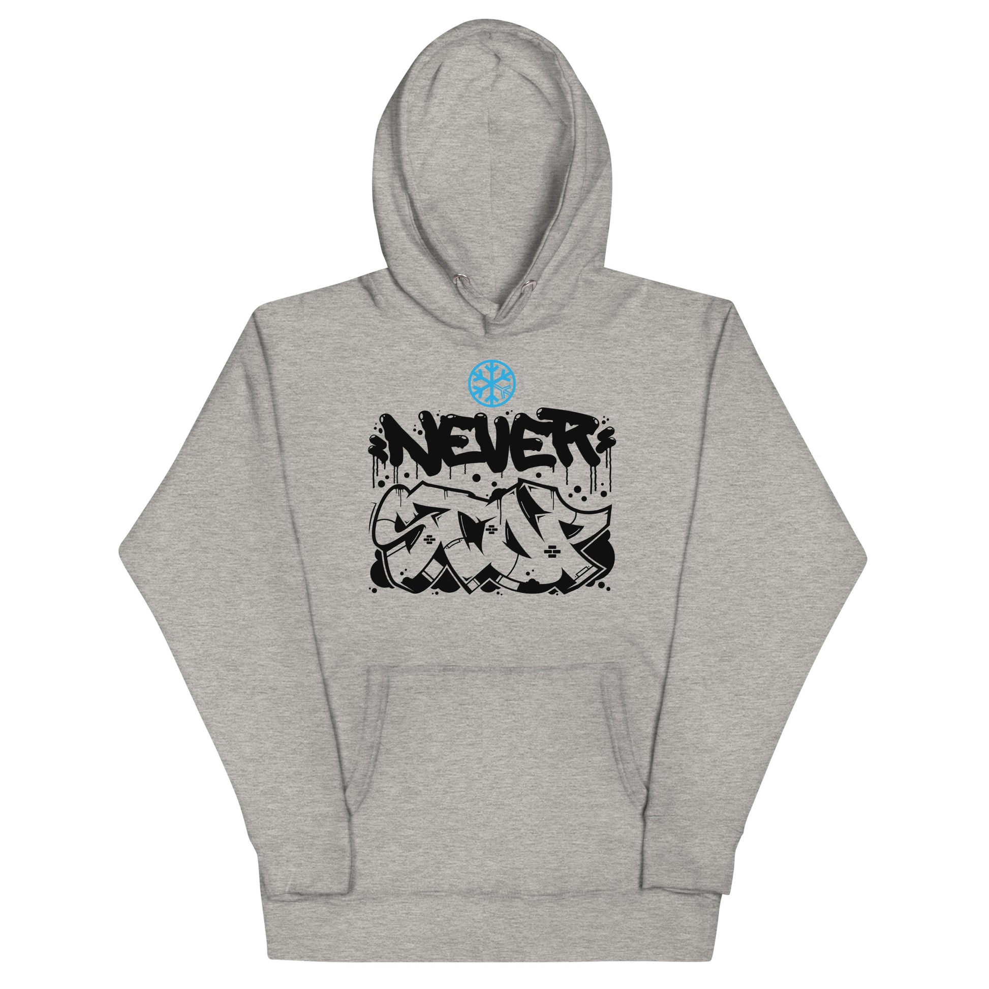 Gray-Never Stop Graffiti Piece Hoodie from B.Different Clothing, front view, graffiti-inspired streetwear