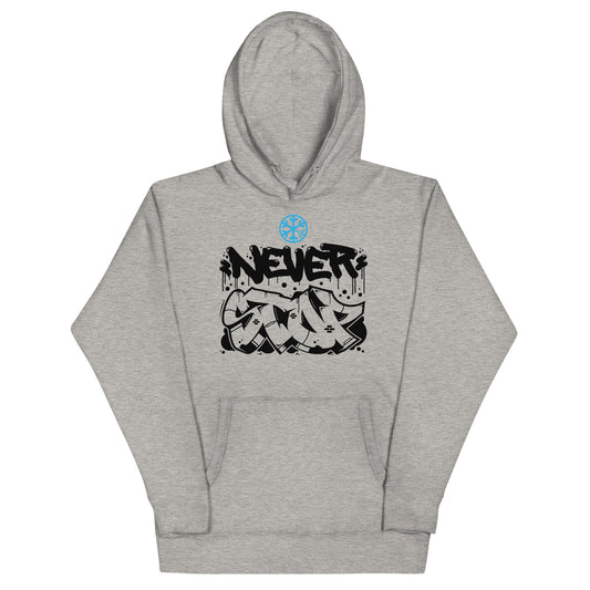 Gray-Never Stop Graffiti Piece Hoodie from B.Different Clothing, front view, graffiti-inspired streetwear