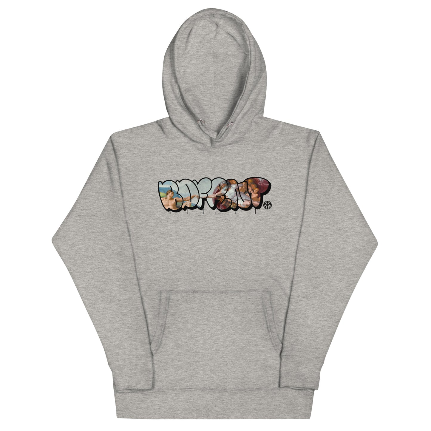 Gray-BDFRNT Throwie x Creation of Adam Graffiti Hoodie from B.Different Clothing, front view, graffiti-inspired streetwear