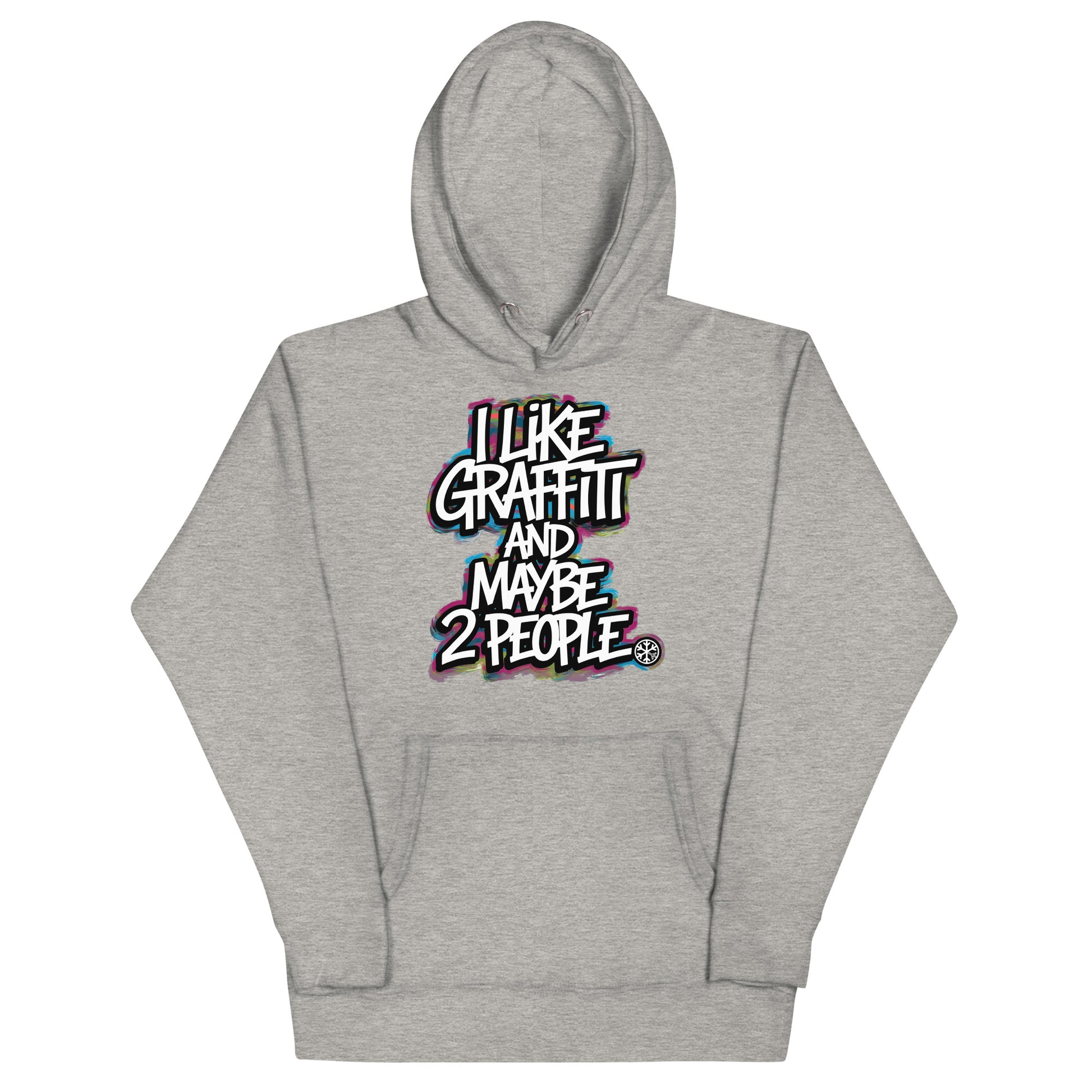 Gray-I Like Graffiti and Maybe 2 People Hoodie from B.Different Clothing, front view, graffiti-inspired streetwear