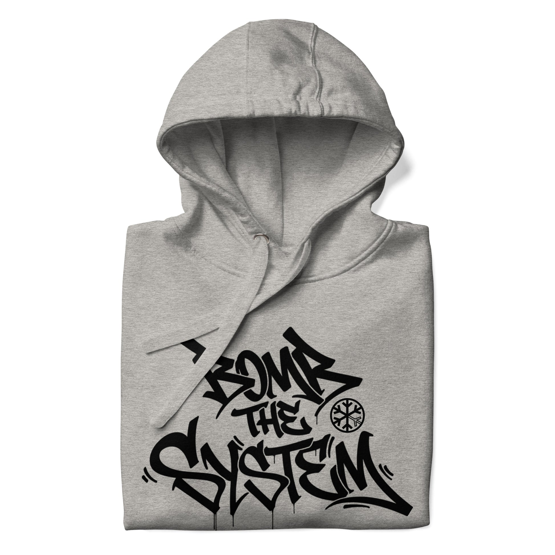 Gray-Bomb The System Graffiti Hoodie from B.Different Clothing, folded, graffiti-inspired streetwear