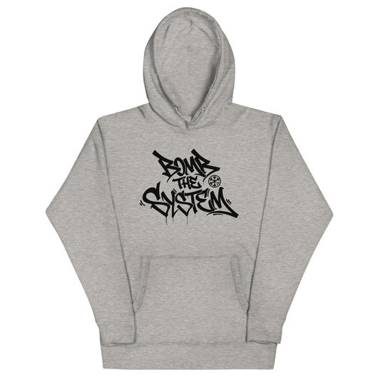 Gray-Bomb The System Graffiti Hoodie from B.Different Clothing, front view, graffiti-inspired streetwear