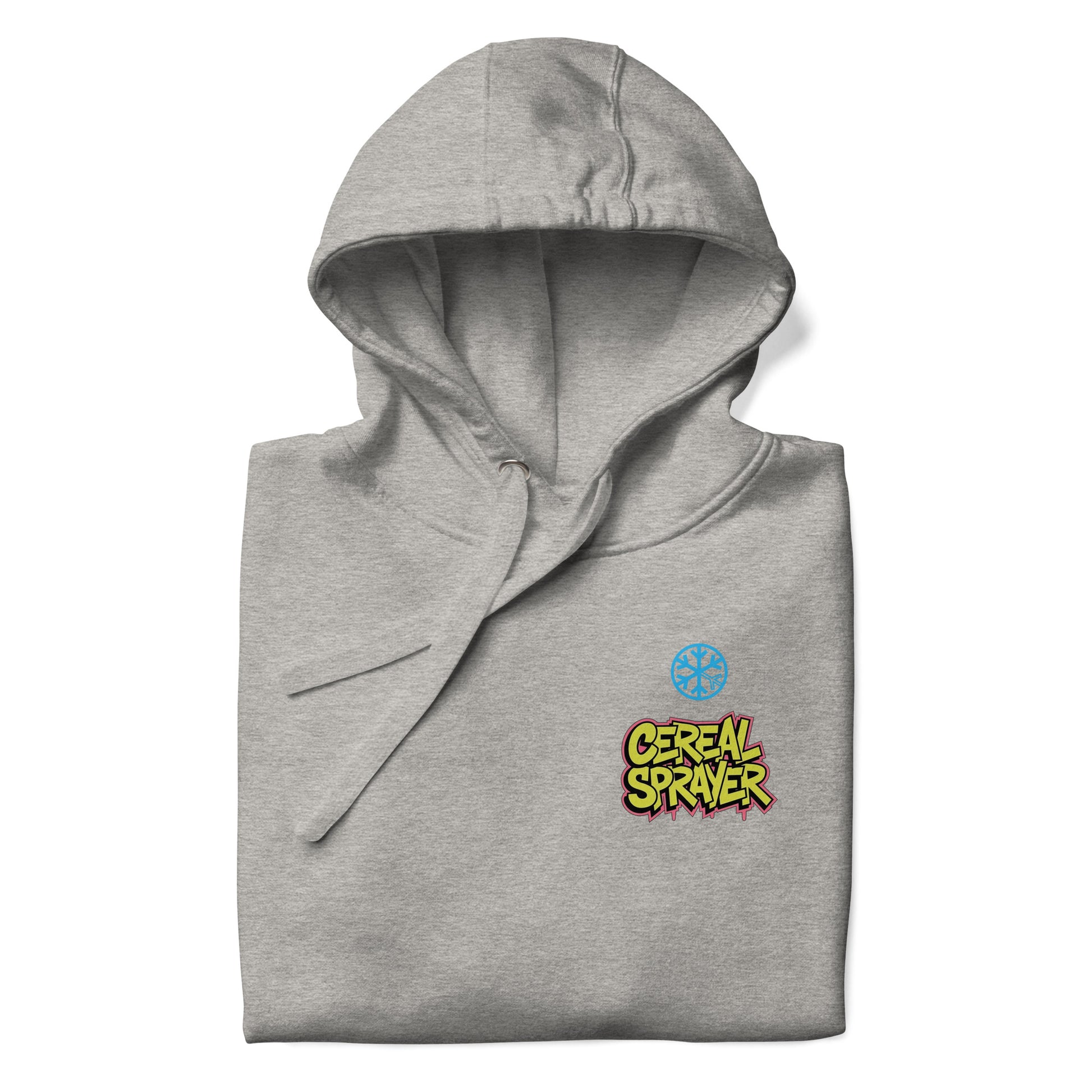 Gray-Cereal Sprayer Graffiti Hoodie from B.Different Clothing, folded, graffiti-inspired streetwear