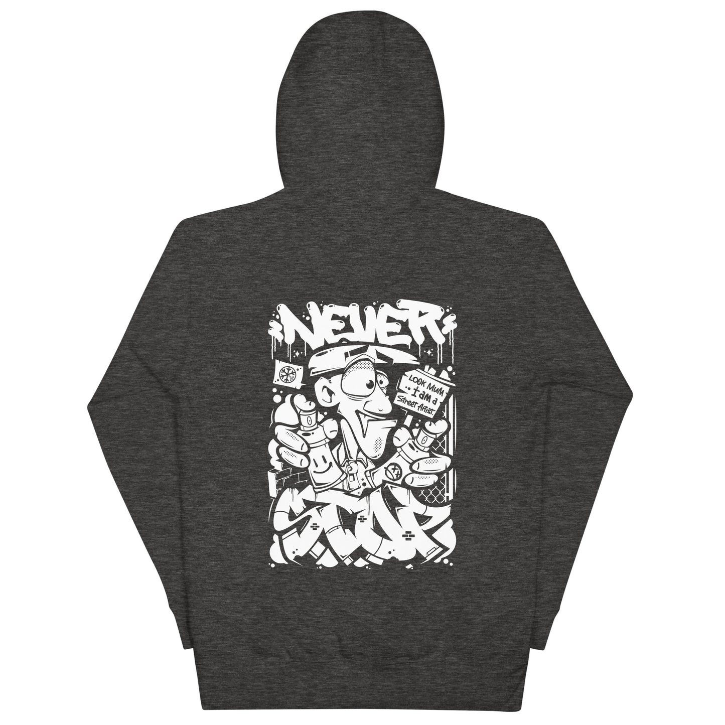 Darkgray-Never Stop Graffiti Character Hoodie from B.Different Clothing, back view, graffiti-inspired streetwear