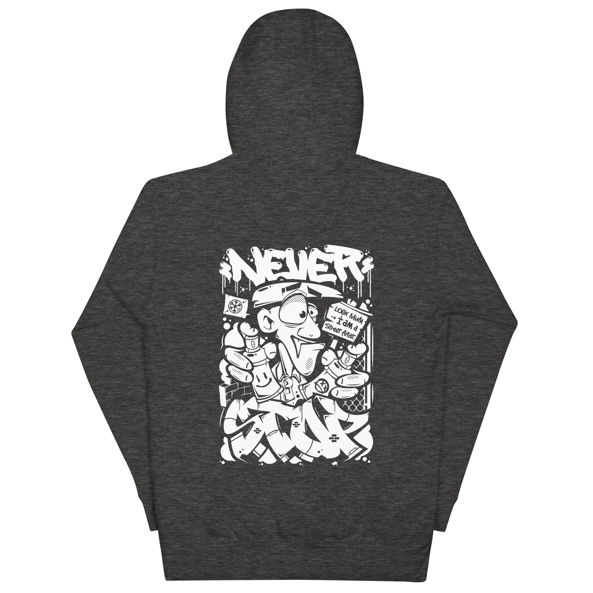 Darkgray-Never Stop Graffiti Character Hoodie from B.Different Clothing, back view, graffiti-inspired streetwear