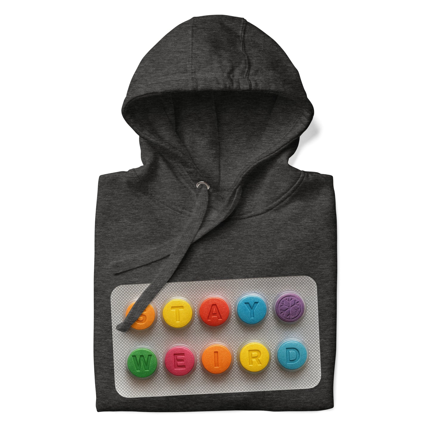 Darkgray-Stay Weird Pills Hoodie from B.Different Clothing, folded, graffiti-inspired streetwear