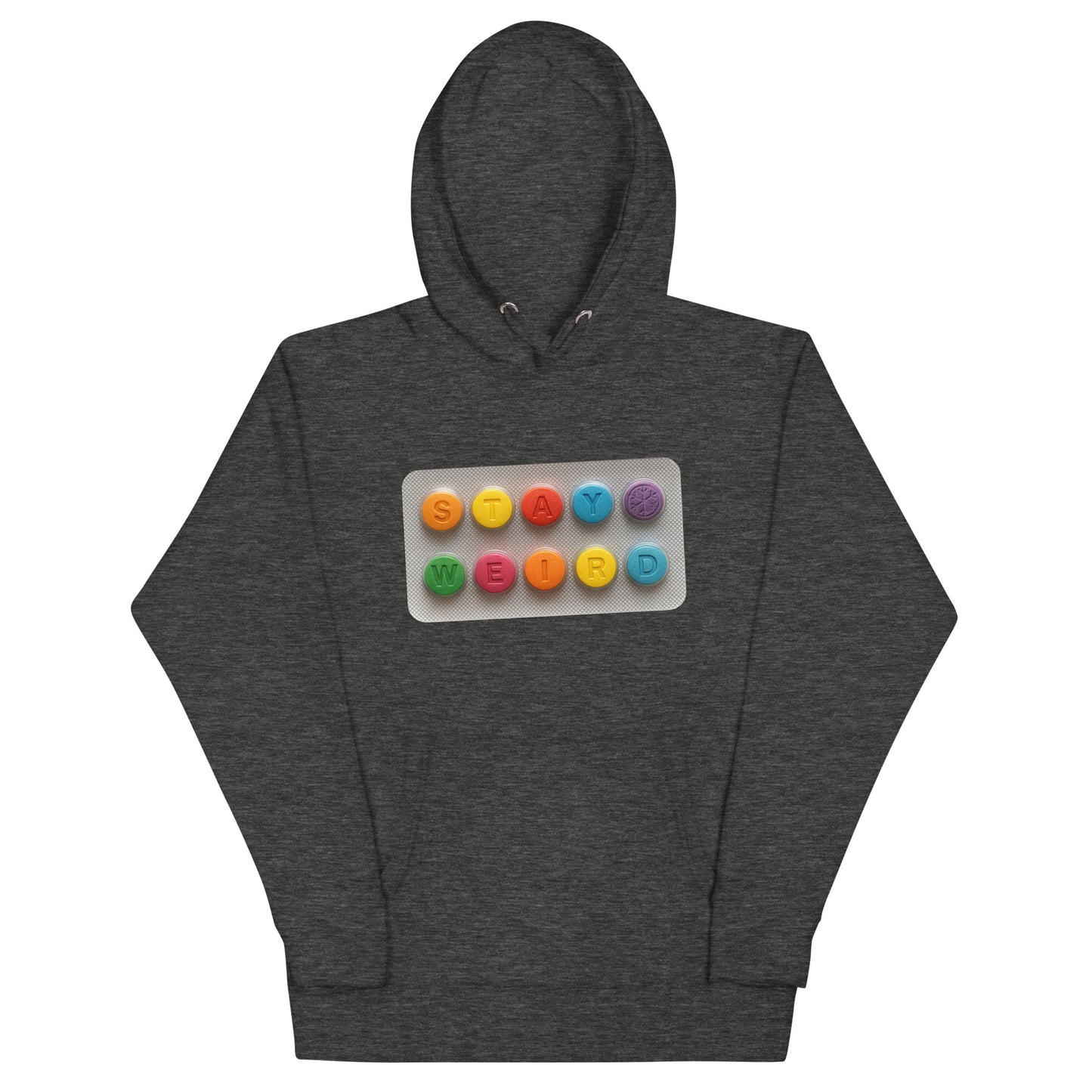 Darkgray-Stay Weird Pills Hoodie from B.Different Clothing, front view, graffiti-inspired streetwear
