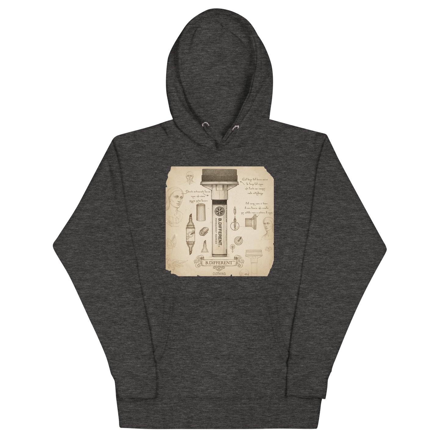 Darkgray-Marker Sketch Graffiti Hoodie from B.Different Clothing, front view, graffiti-inspired streetwear