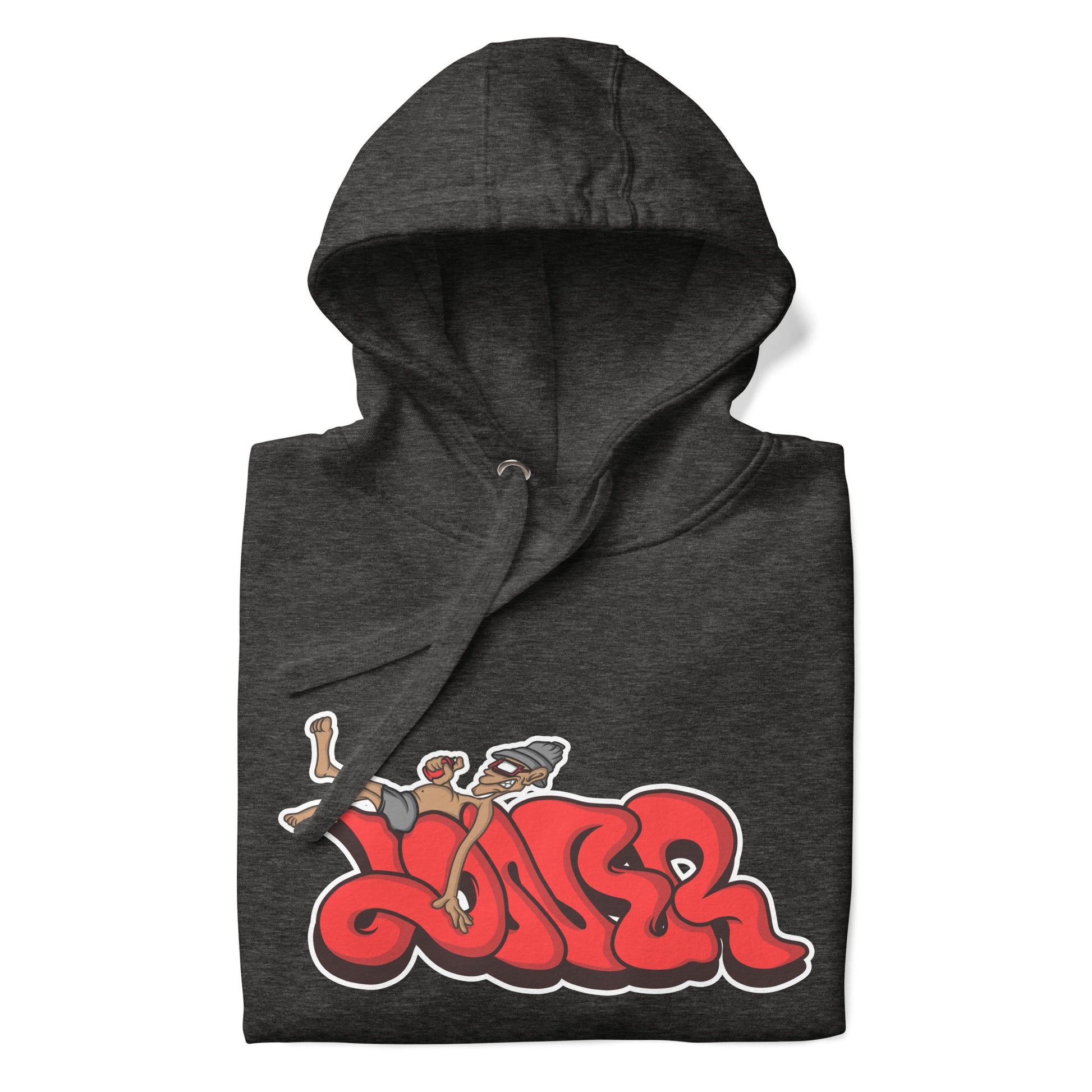 Darkgray-Loner Graffiti Piece Hoodie from B.Different Clothing, folded, graffiti-inspired streetwear