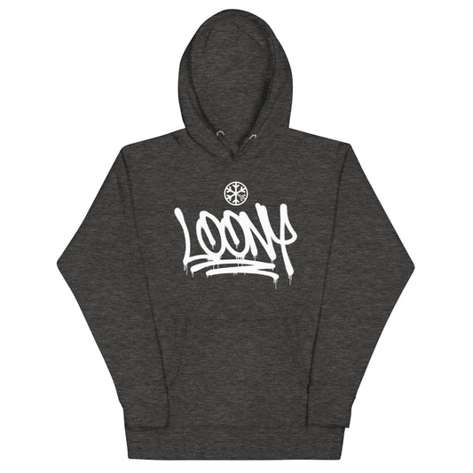 Darkgray-Loony Graffiti Tag Hoodie from B.Different Clothing, front view, graffiti-inspired streetwear