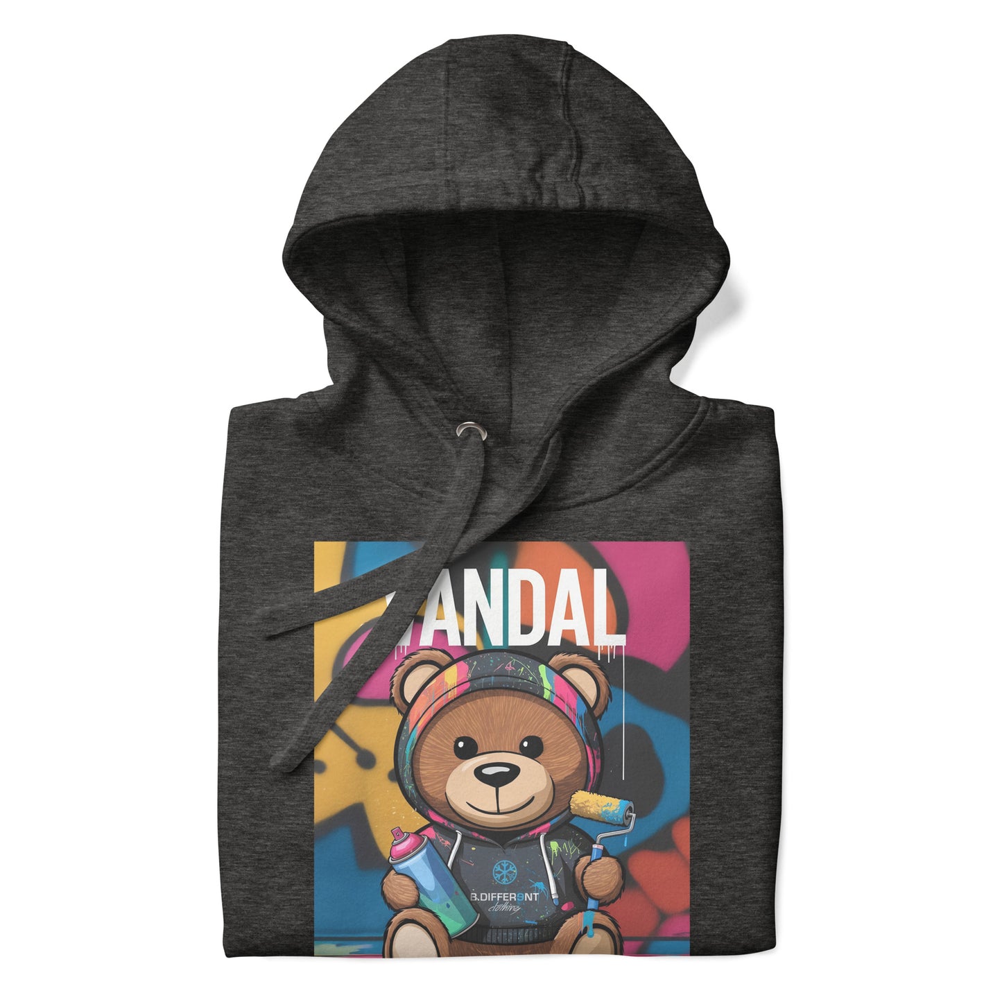 Darkgray-Vandal Teddy Bear Graffiti Hoodie from B.Different Clothing, folded, graffiti-inspired streetwear
