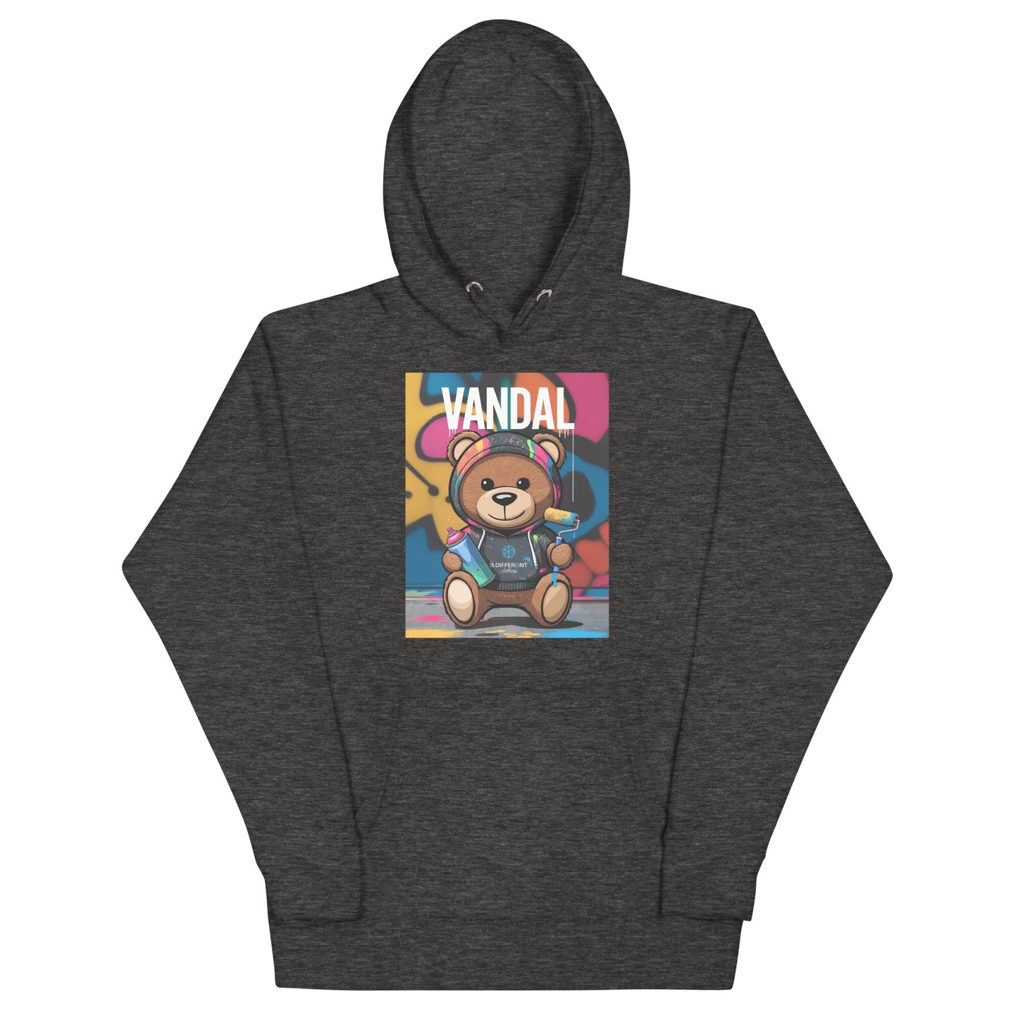 Darkgray-Vandal Teddy Bear Graffiti Hoodie from B.Different Clothing, front view, graffiti-inspired streetwear