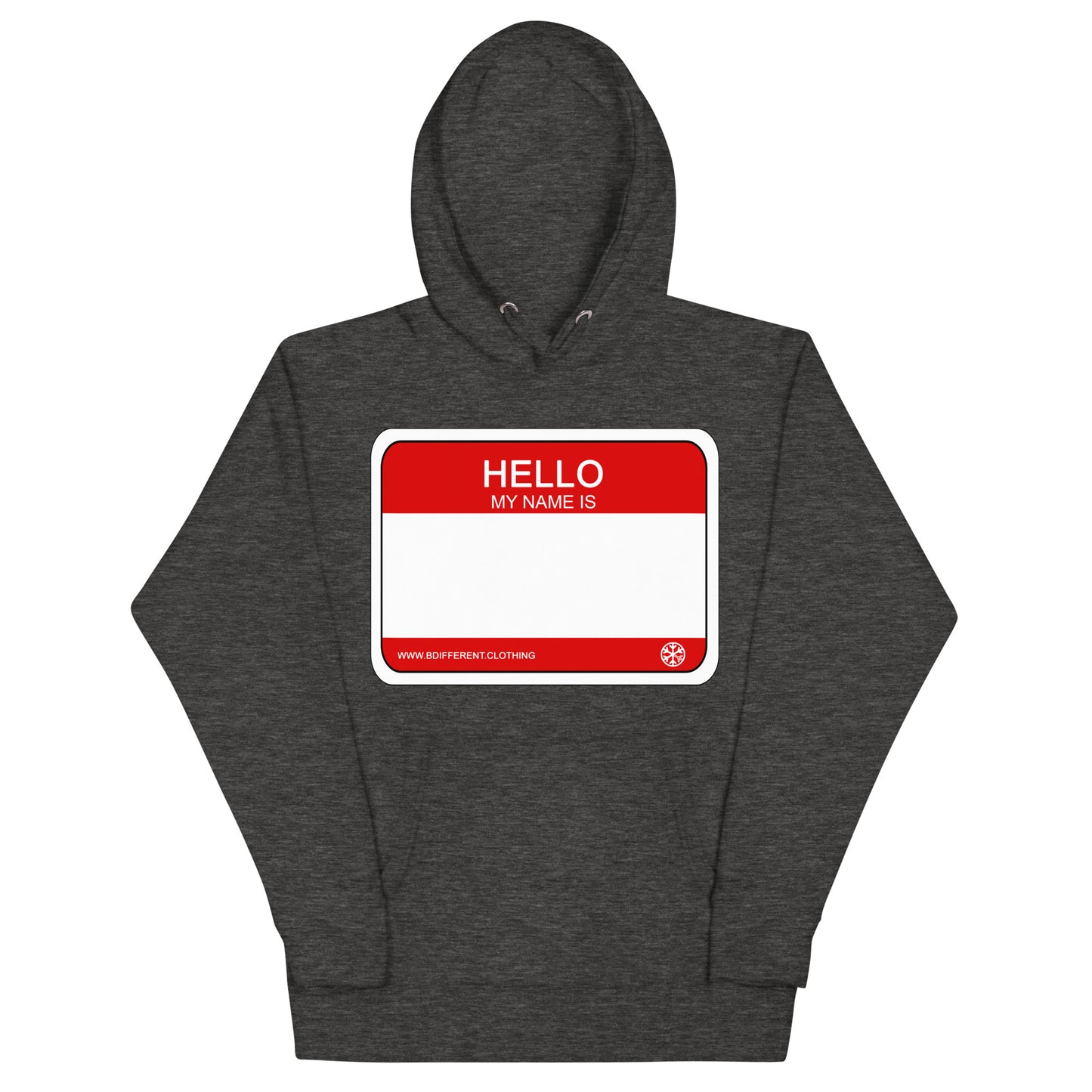 Darkgray-Hello My Name Is Sticker Graffiti Hoodie from B.Different Clothing, front view, graffiti-inspired streetwear