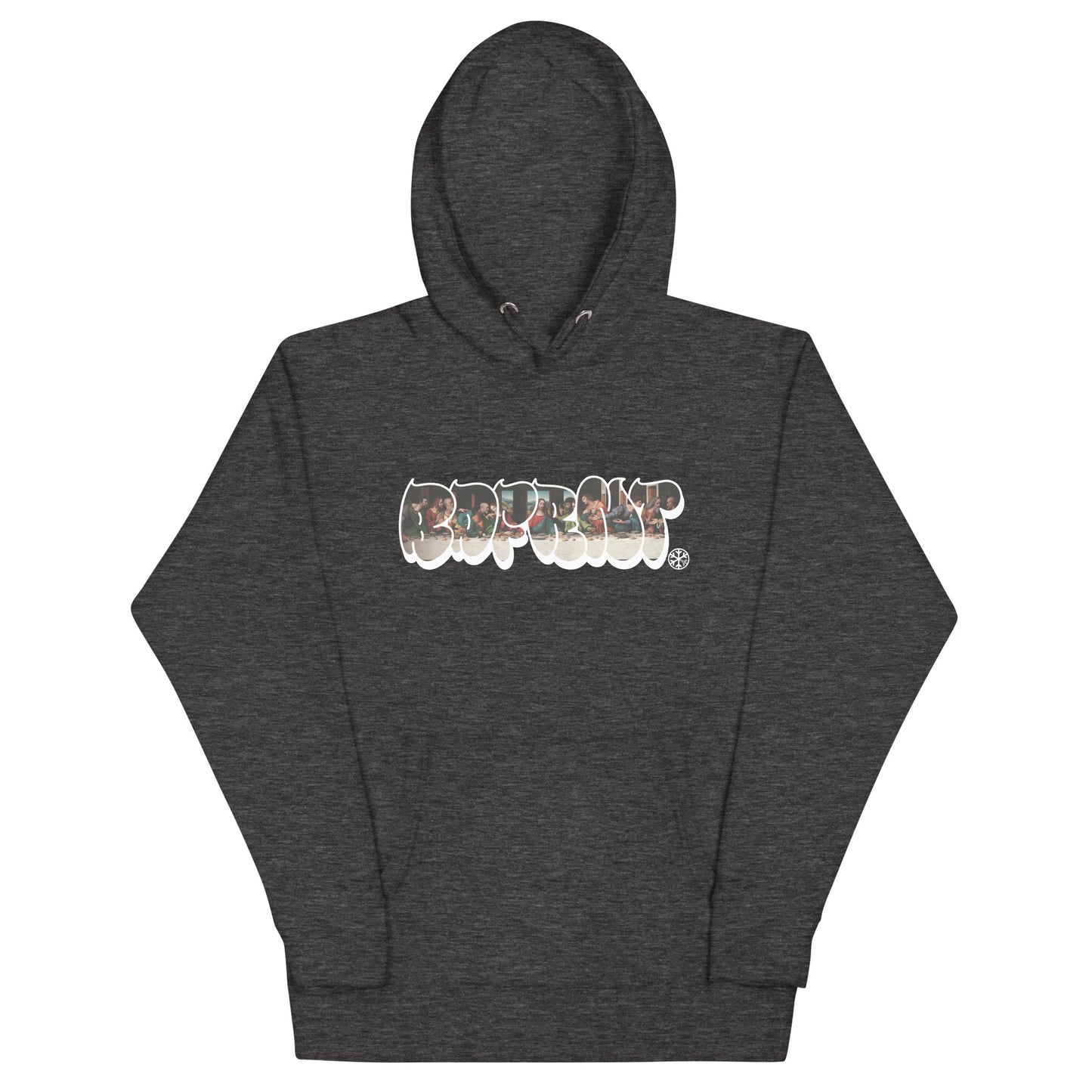 Darkgray-BDFRNT Throwie x Last Supper Graffiti Hoodie from B.Different Clothing, front view, graffiti-inspired streetwear