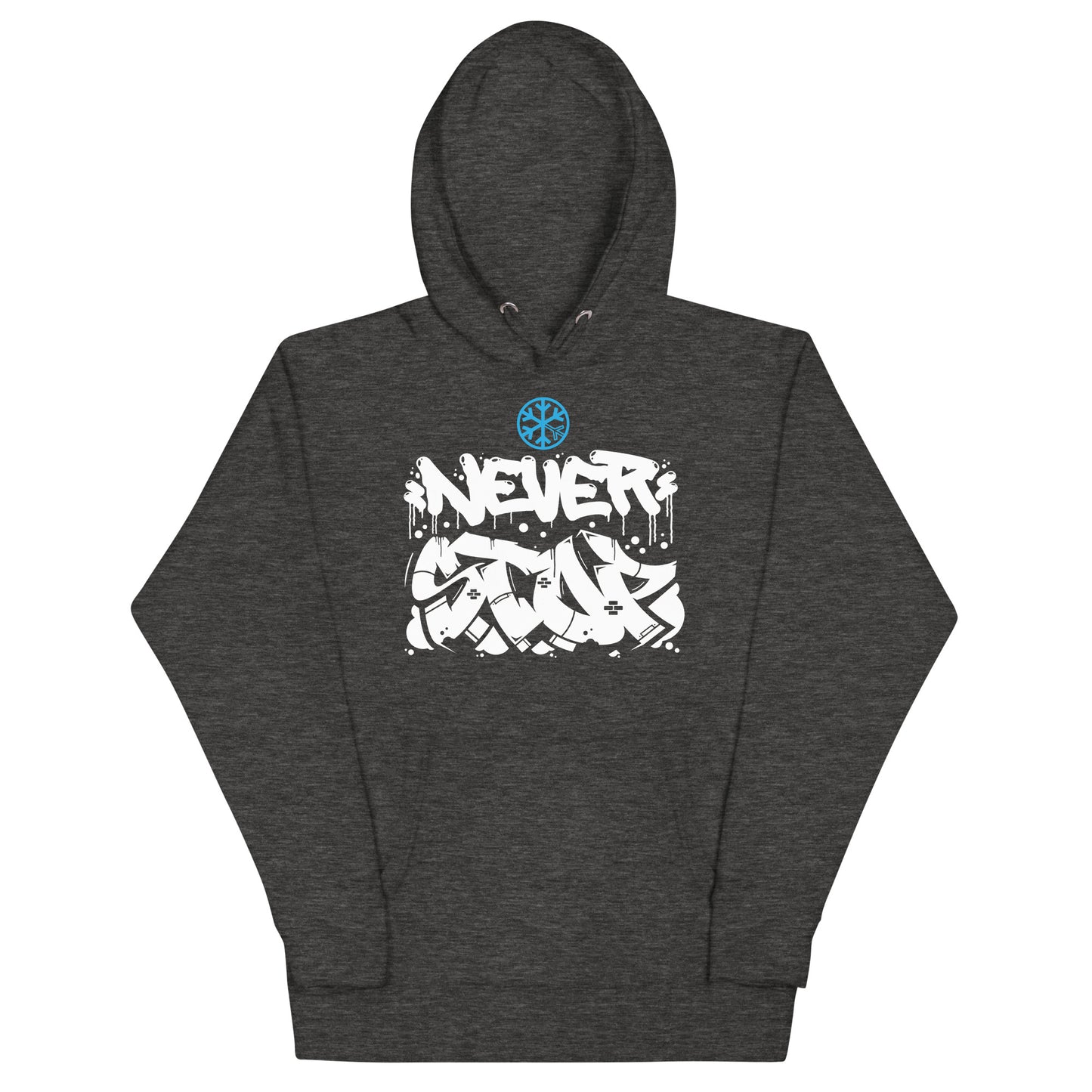 Darkgray-Never Stop Graffiti Piece Hoodie from B.Different Clothing, front view, graffiti-inspired streetwear