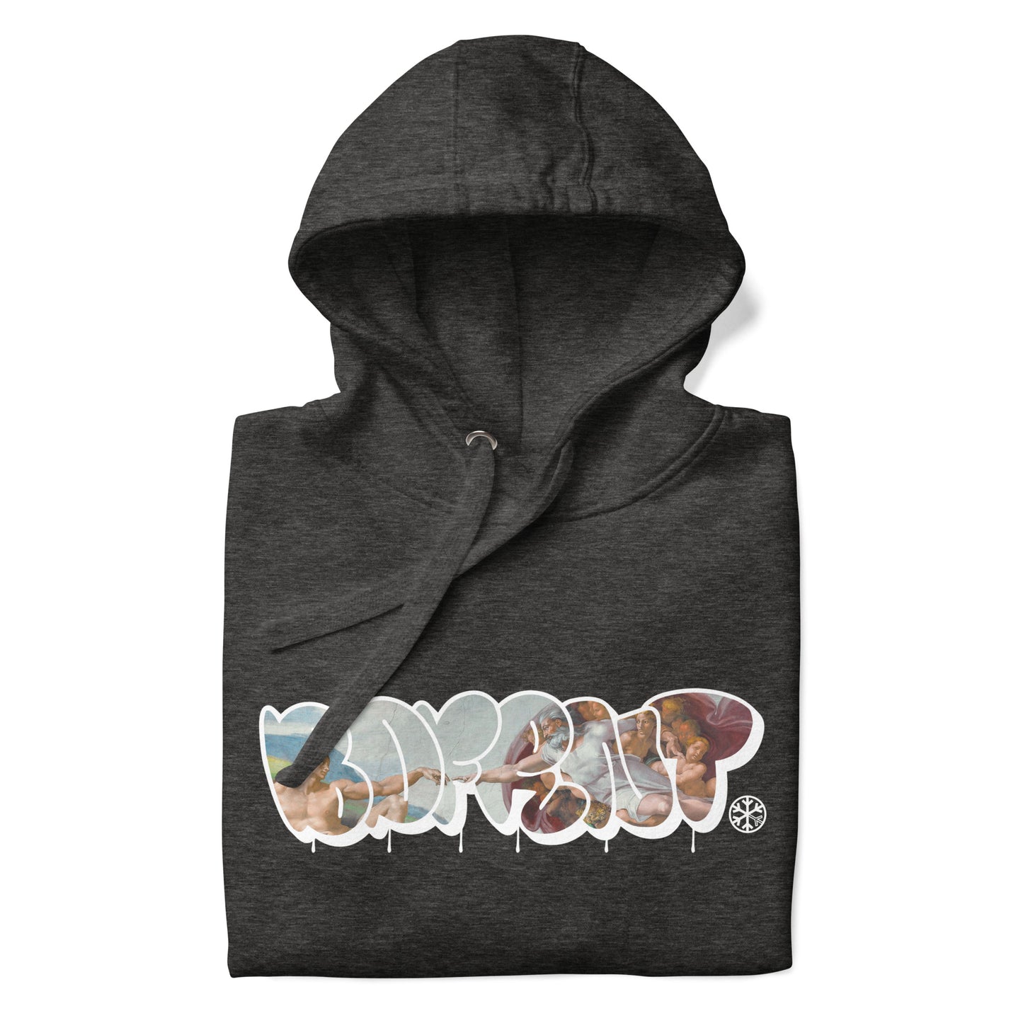 Darkgray-BDFRNT Throwie x Creation of Adam Graffiti Hoodie from B.Different Clothing, folded, graffiti-inspired streetwear