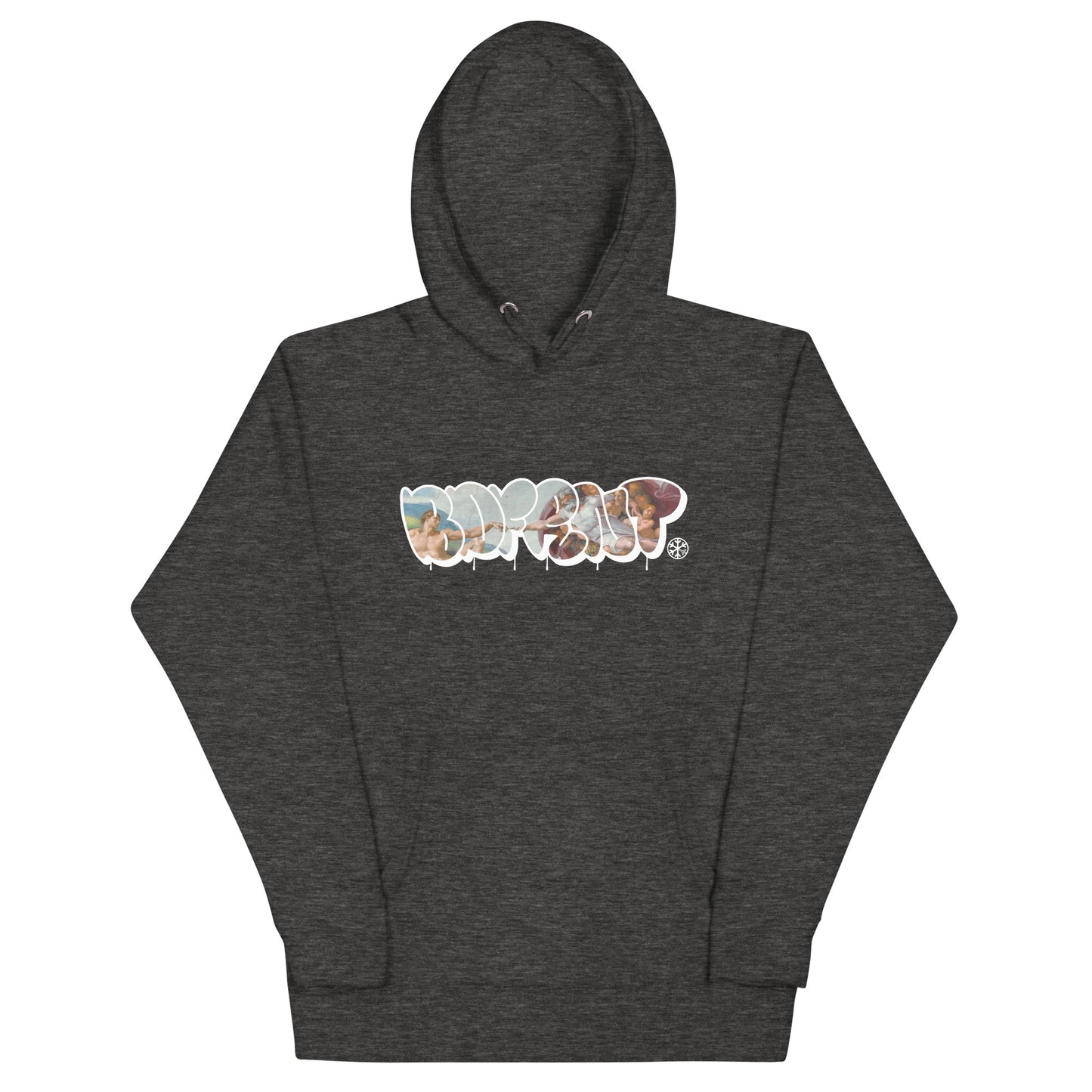 Darkgray-BDFRNT Throwie x Creation of Adam Graffiti Hoodie from B.Different Clothing, front view, graffiti-inspired streetwear