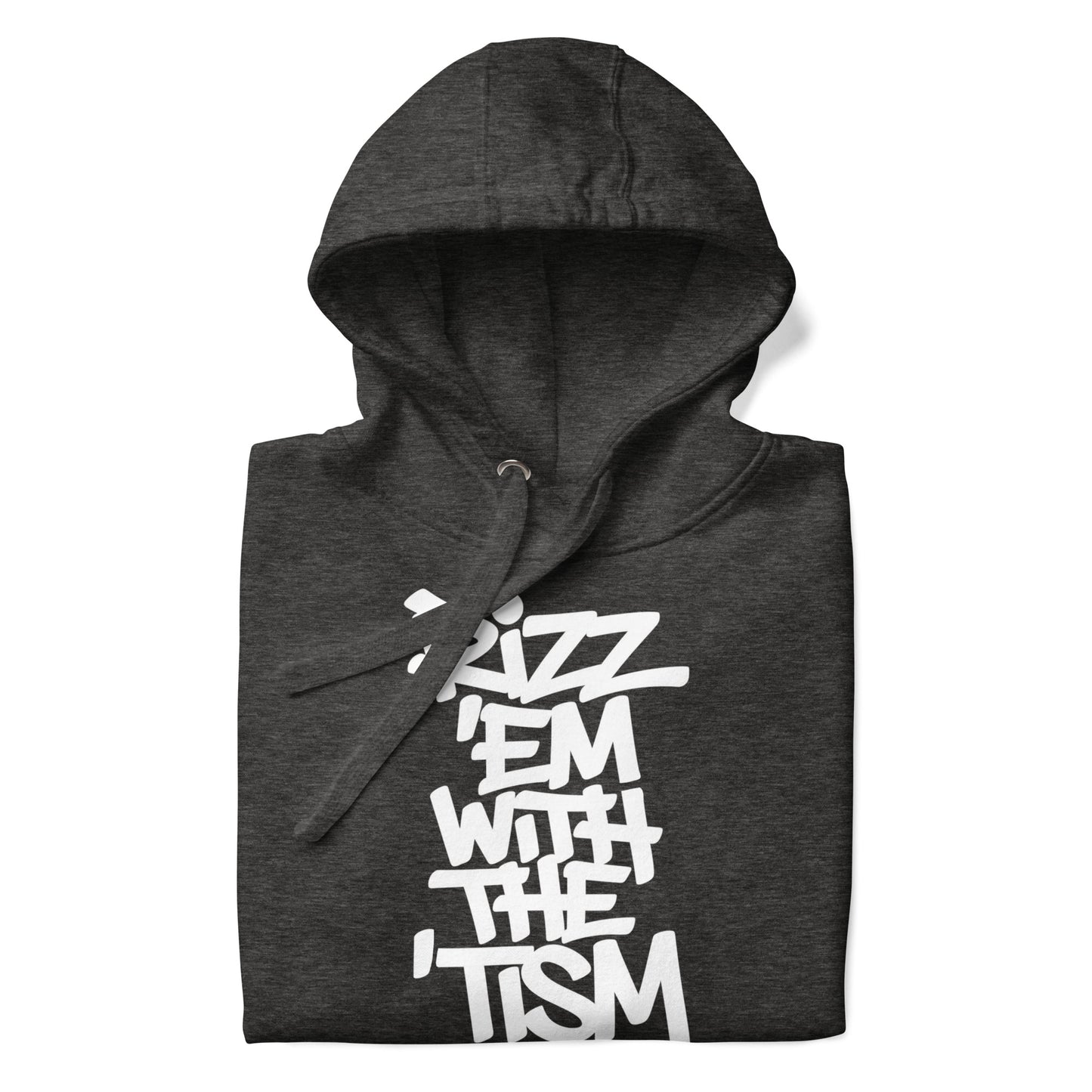 Darkgray-Rizz 'Em With The 'Tism Graffiti Hoodie from B.Different Clothing, folded, graffiti-inspired streetwear