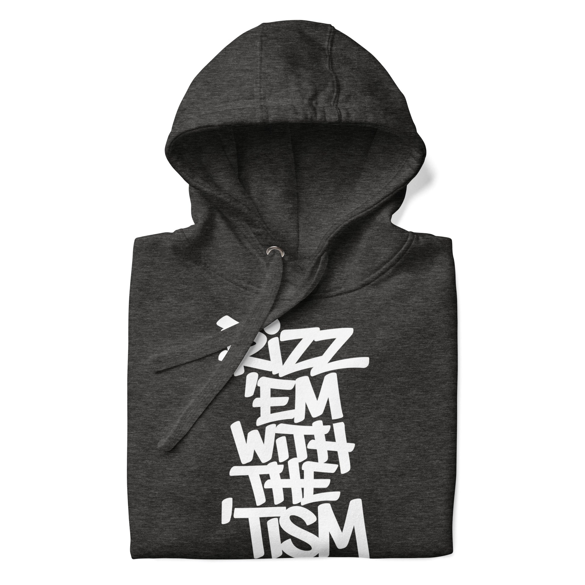 Darkgray-Rizz 'Em With The 'Tism Graffiti Hoodie from B.Different Clothing, folded, graffiti-inspired streetwear