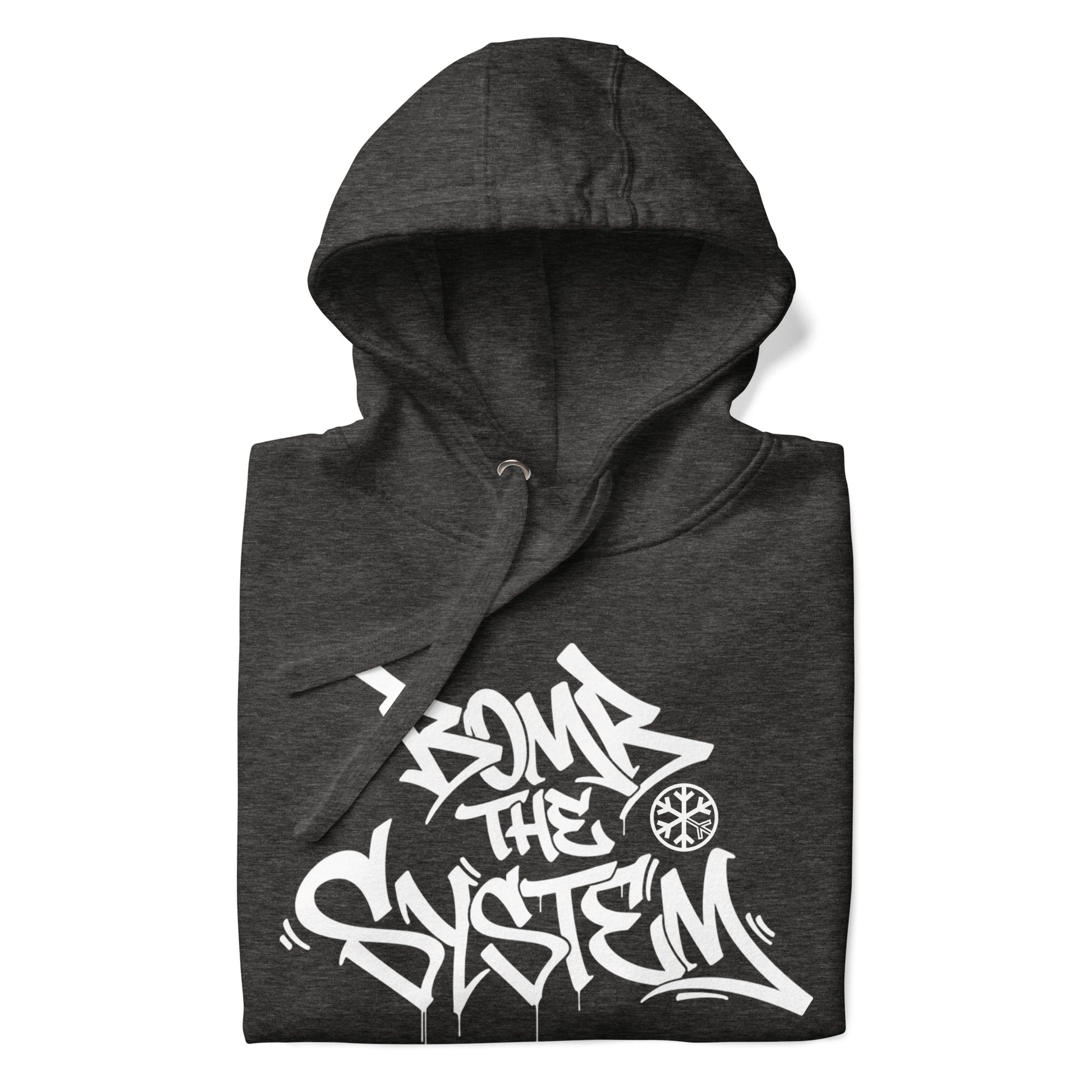 Darkgray-Bomb The System Graffiti Hoodie from B.Different Clothing, folded, graffiti-inspired streetwear