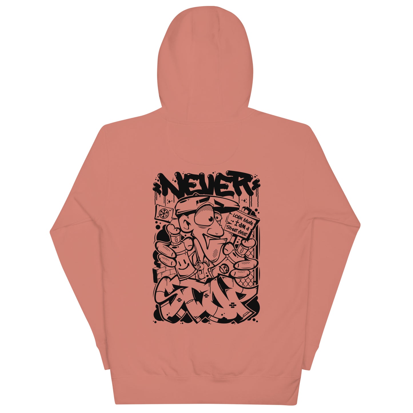 Pink-Never Stop Graffiti Character Hoodie from B.Different Clothing, back view, graffiti-inspired streetwear