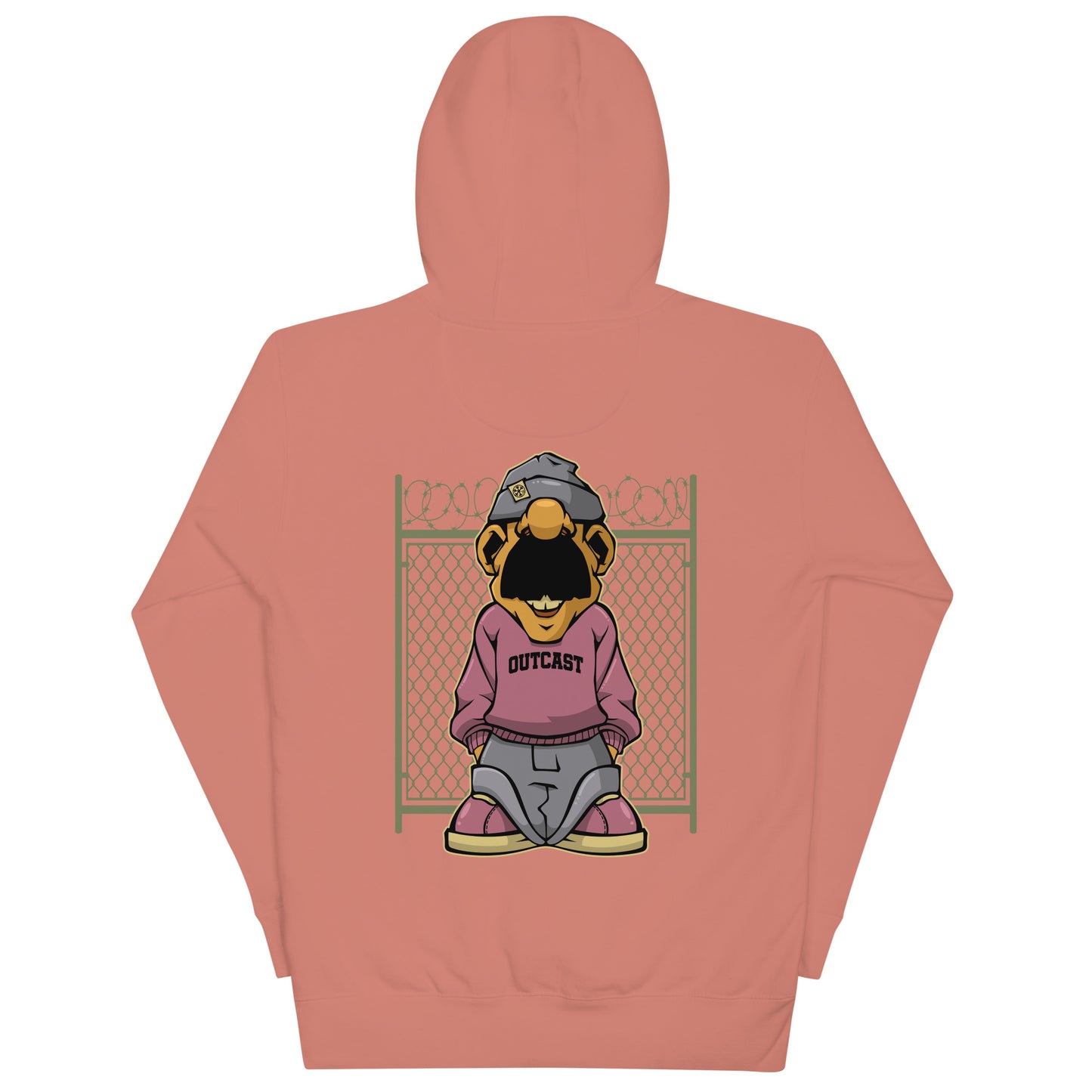Pink-Outcast Graffiti Character Hoodie from B.Different Clothing, back view, graffiti-inspired streetwear