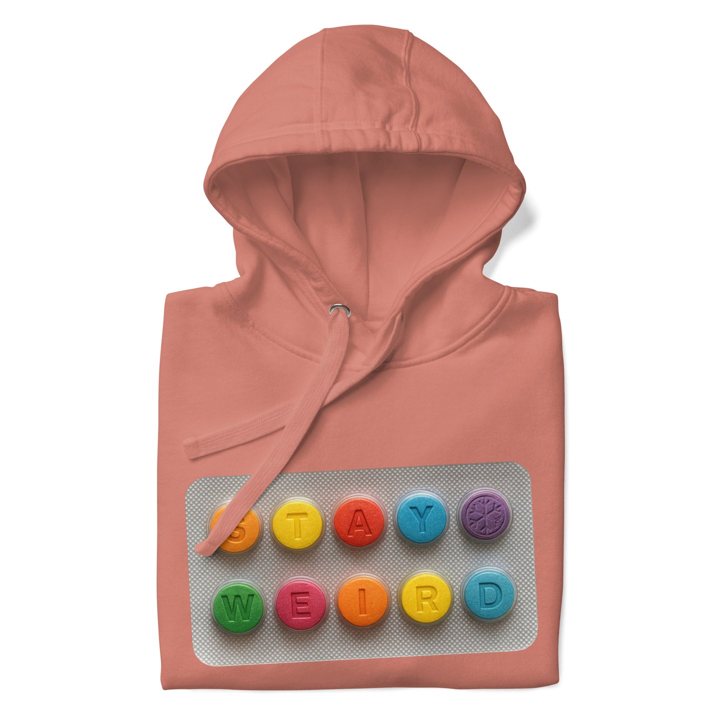 Pink-Stay Weird Pills Hoodie from B.Different Clothing, folded, graffiti-inspired streetwear