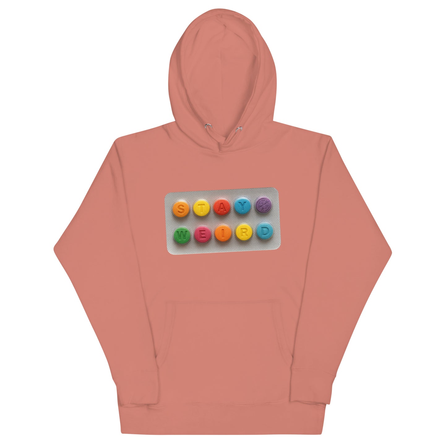 Pink-Stay Weird Pills Hoodie from B.Different Clothing, front view, graffiti-inspired streetwear