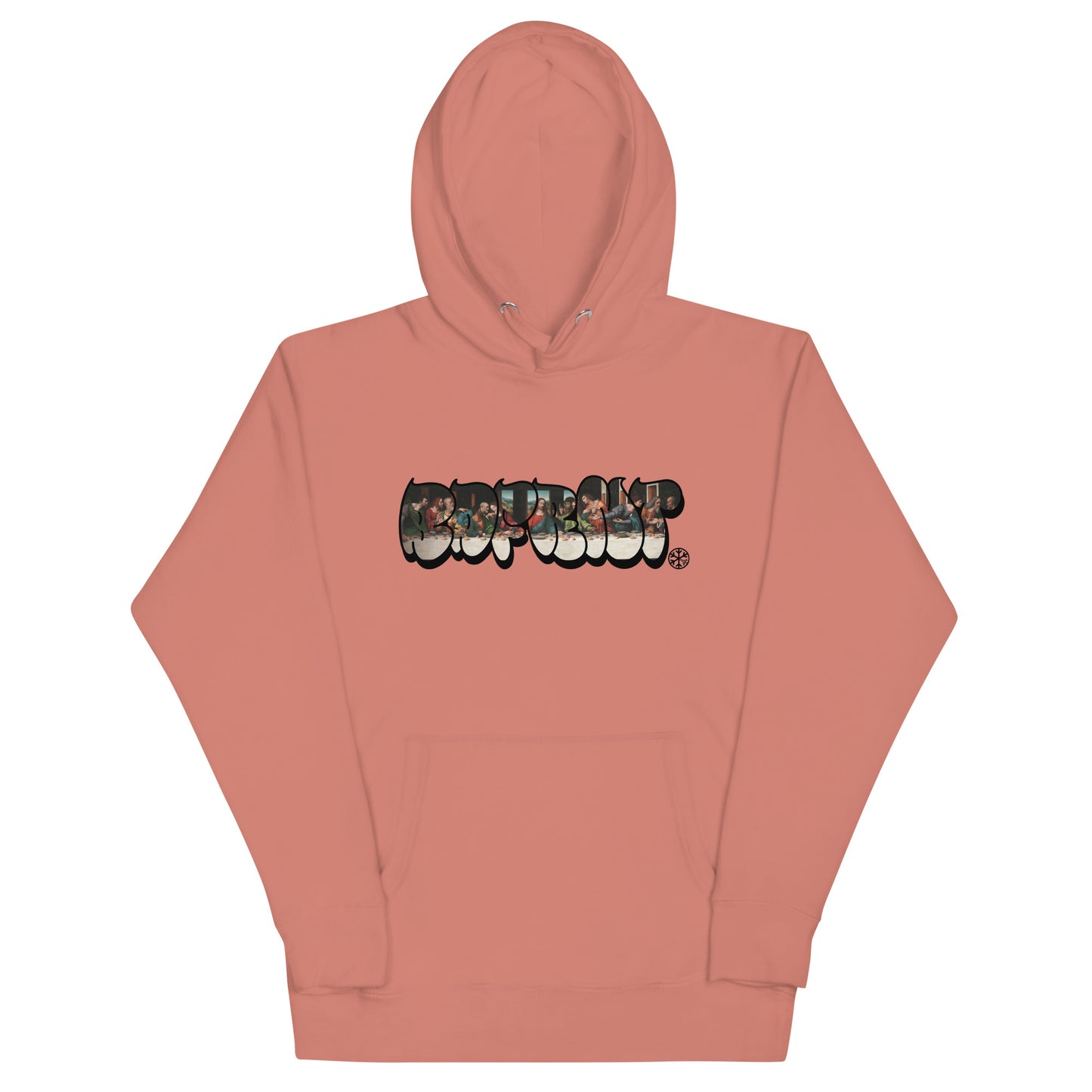 Pink-BDFRNT Throwie x Last Supper Graffiti Hoodie from B.Different Clothing, front view, graffiti-inspired streetwear