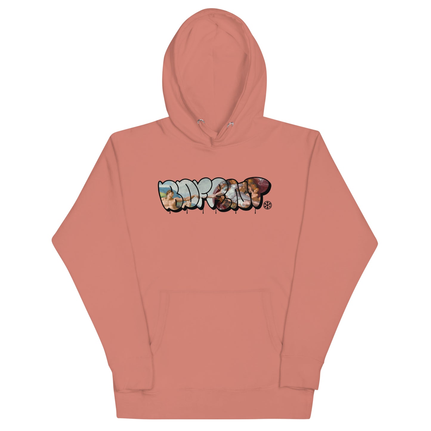 Pink-BDFRNT Throwie x Creation of Adam Graffiti Hoodie from B.Different Clothing, front view, graffiti-inspired streetwear