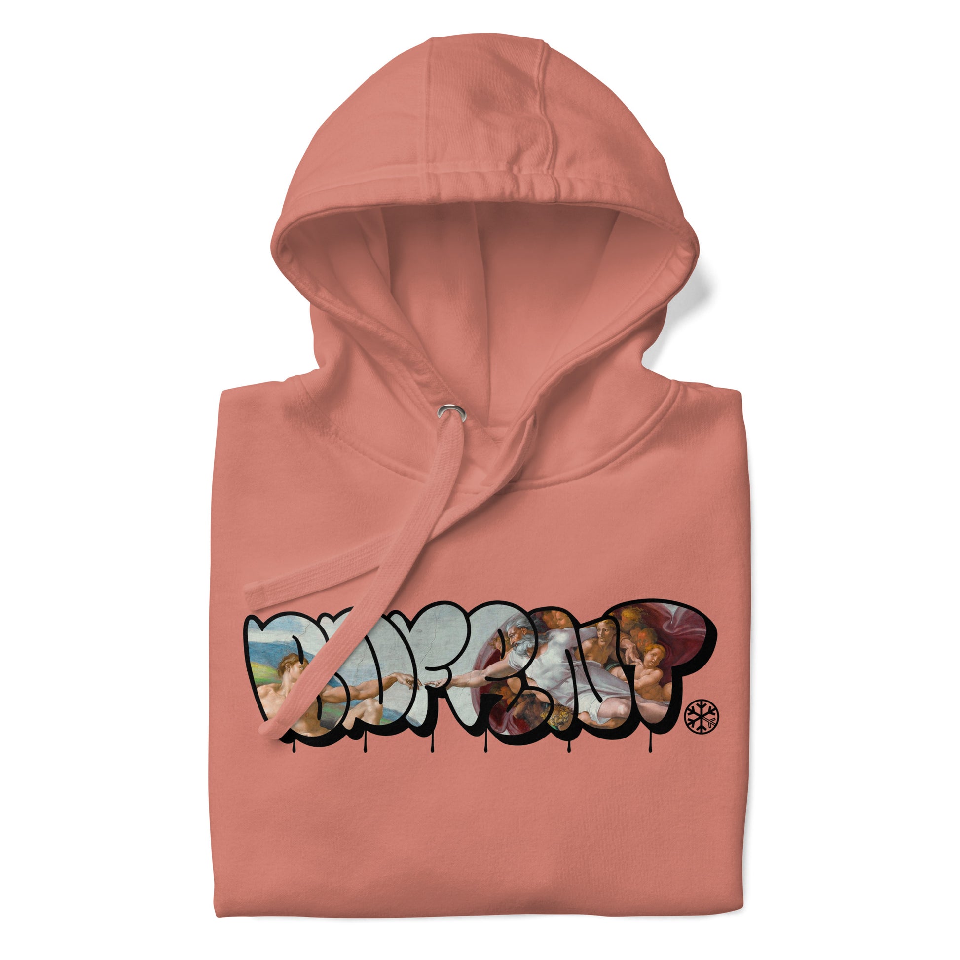 Pink-BDFRNT Throwie x Creation of Adam Graffiti Hoodie from B.Different Clothing, folded, graffiti-inspired streetwear