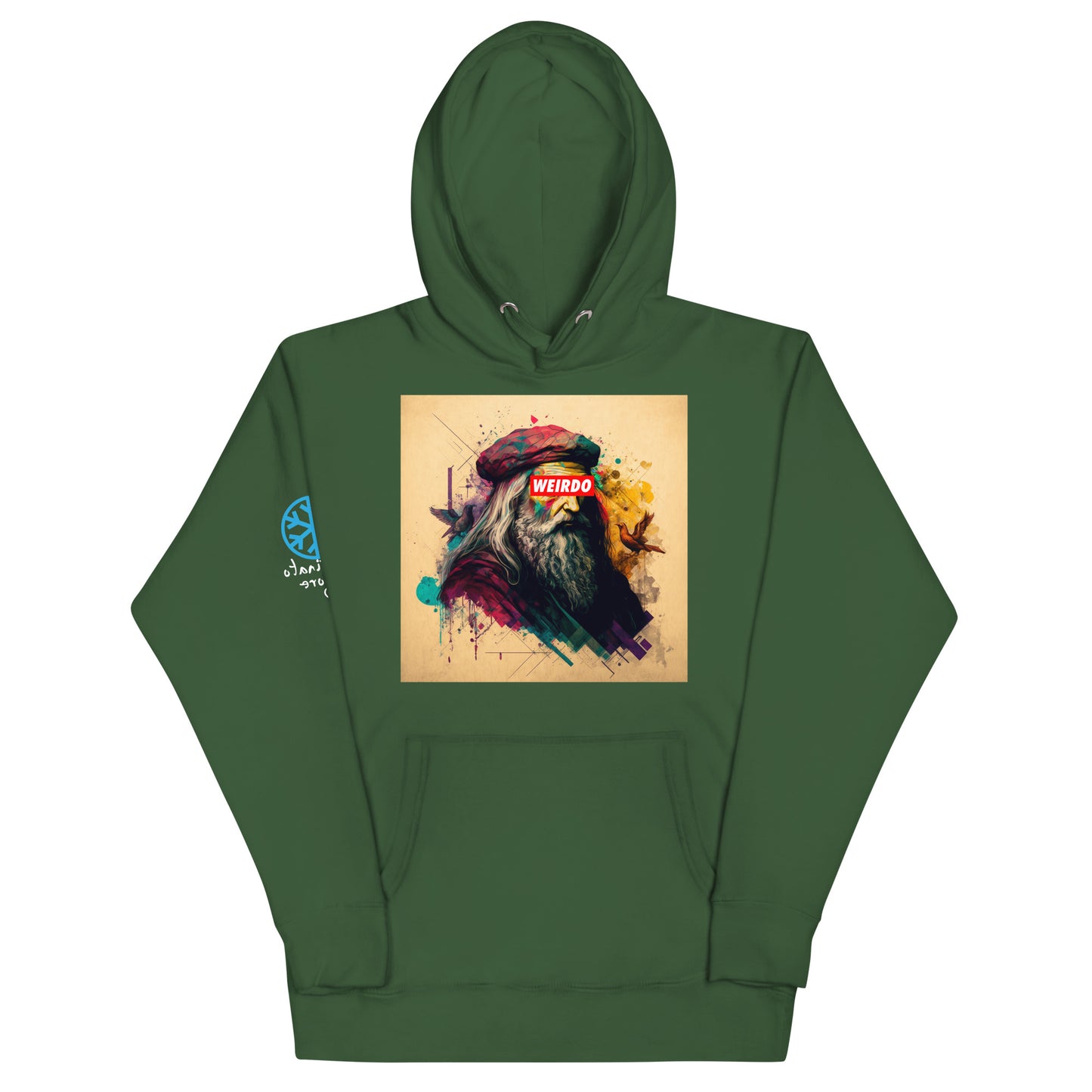 Green-Leonardo da Vinci Hoodie from B.Different Clothing, front view, graffiti-inspired streetwear