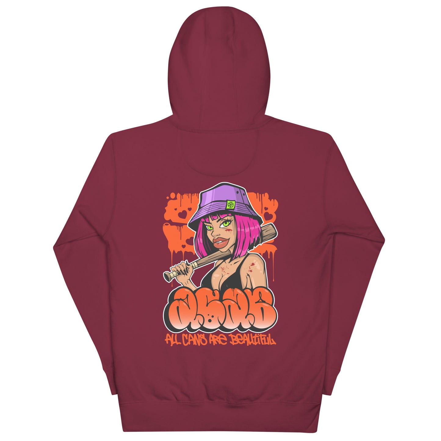 Maroon-ACAB Girl Graffiti Hoodie from B.Different Clothing, back view, graffiti-inspired streetwear