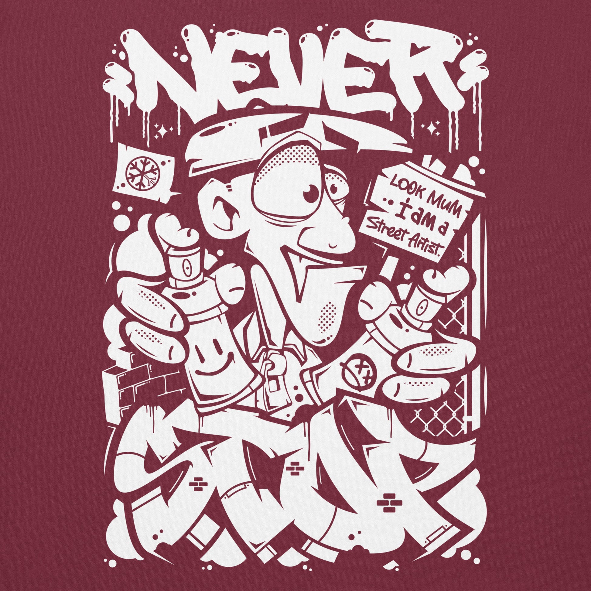 Maroon-Never Stop Graffiti Character Hoodie from B.Different Clothing, graphic, graffiti-inspired streetwear