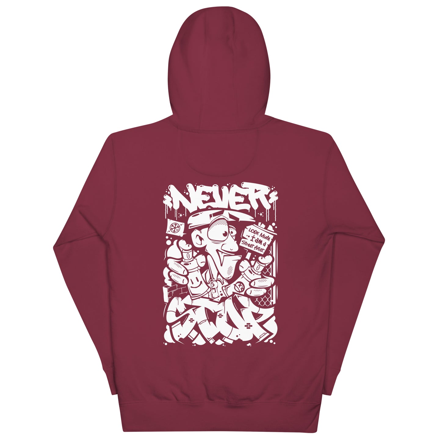 Maroon-Never Stop Graffiti Character Hoodie from B.Different Clothing, back view, graffiti-inspired streetwear