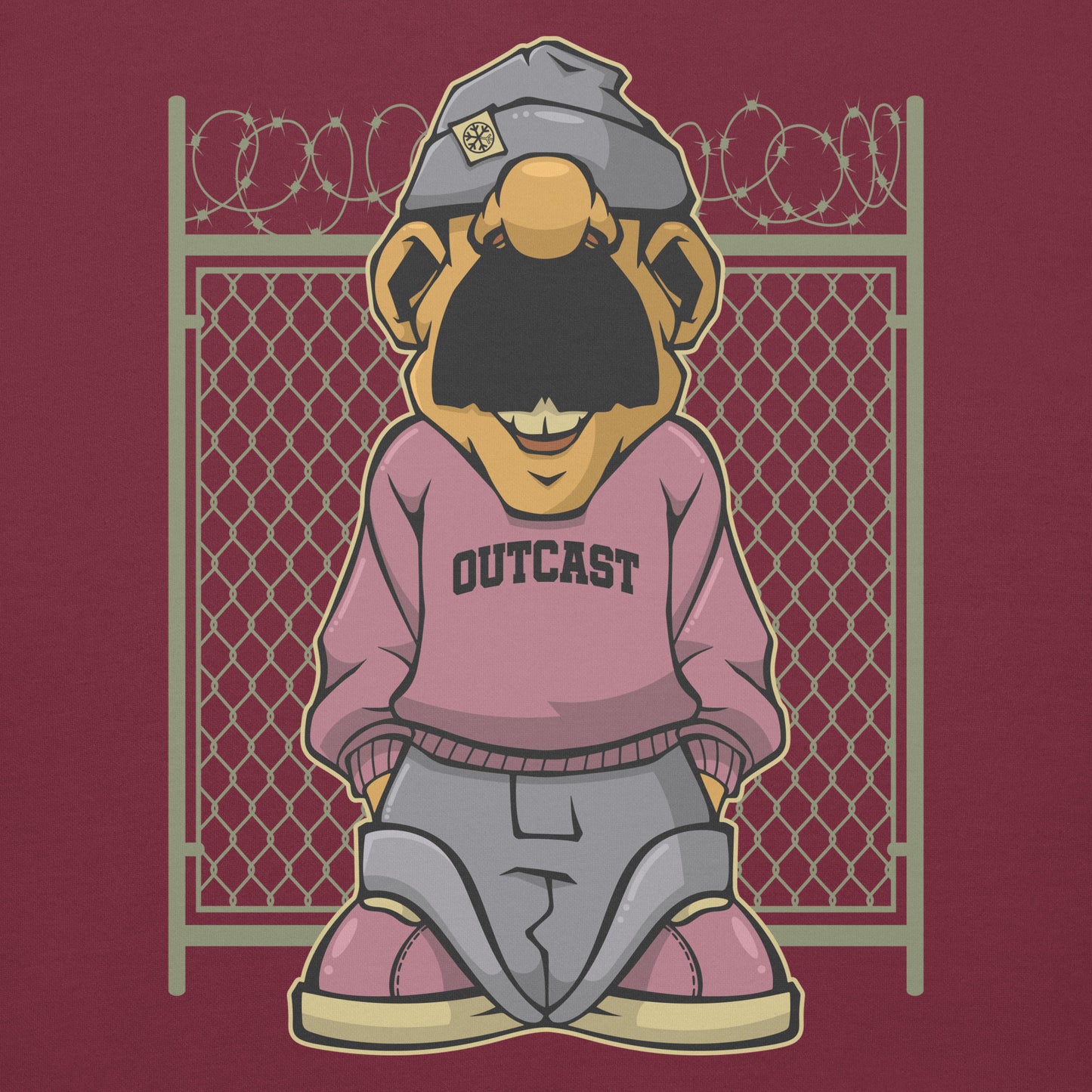 Maroon-Outcast Graffiti Character Hoodie from B.Different Clothing, graphic, graffiti-inspired streetwear