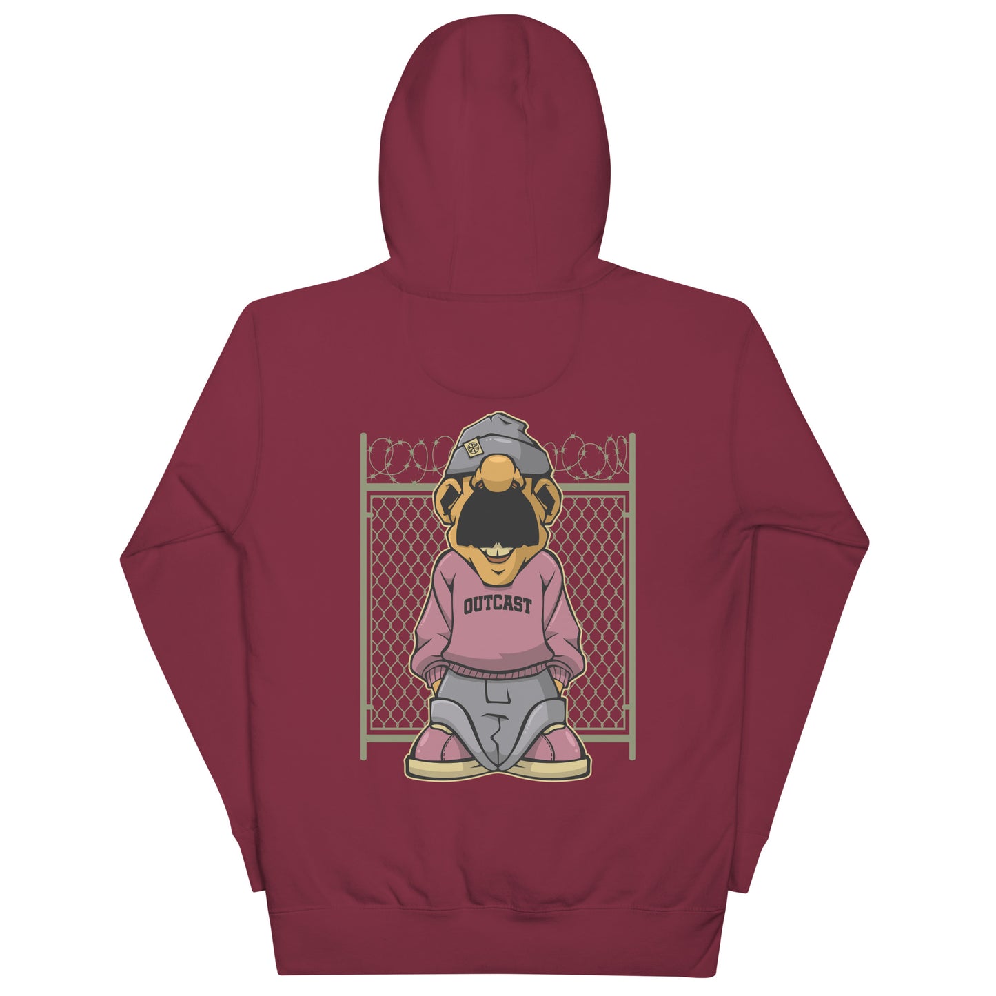Maroon-Outcast Graffiti Character Hoodie from B.Different Clothing, back view, graffiti-inspired streetwear