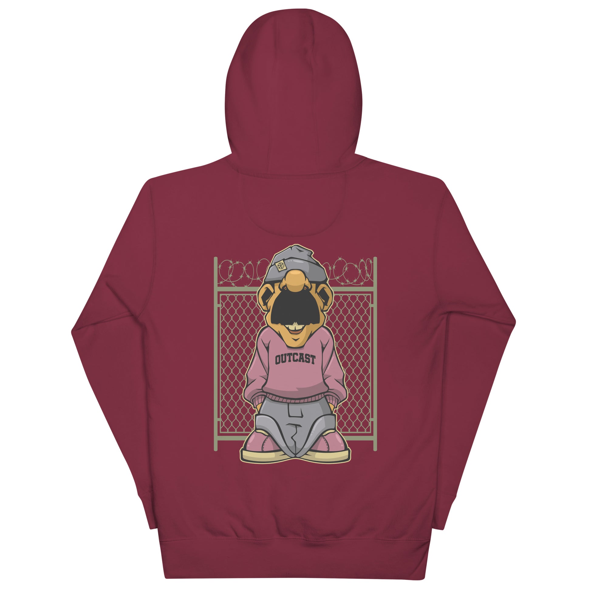 Maroon-Outcast Graffiti Character Hoodie from B.Different Clothing, back view, graffiti-inspired streetwear