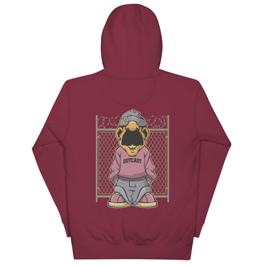 Maroon-Outcast Graffiti Character Hoodie from B.Different Clothing, back view, graffiti-inspired streetwear