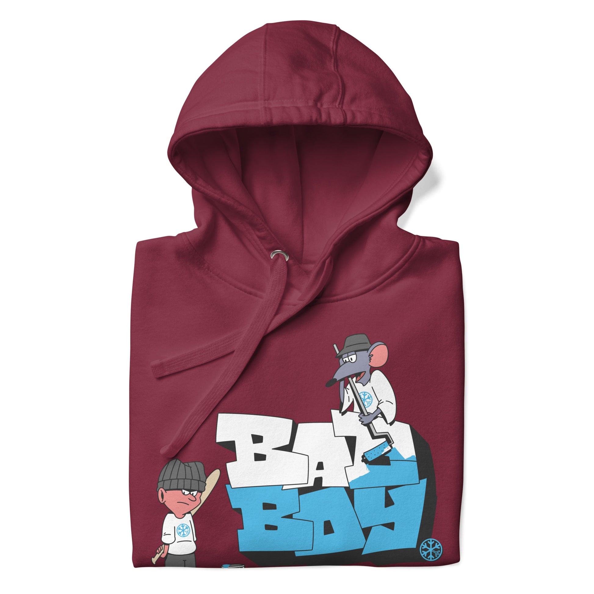 Maroon-Bad Boy Graffiti Hoodie from B.Different Clothing, folded, graffiti-inspired streetwear