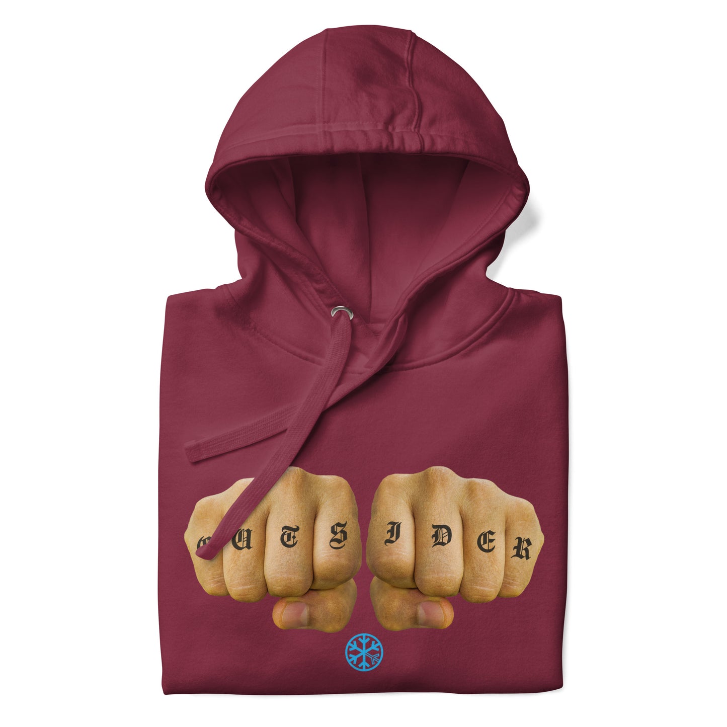 Maroon-Outsider Tattoo Hoodie from B.Different Clothing, folded, graffiti-inspired streetwear